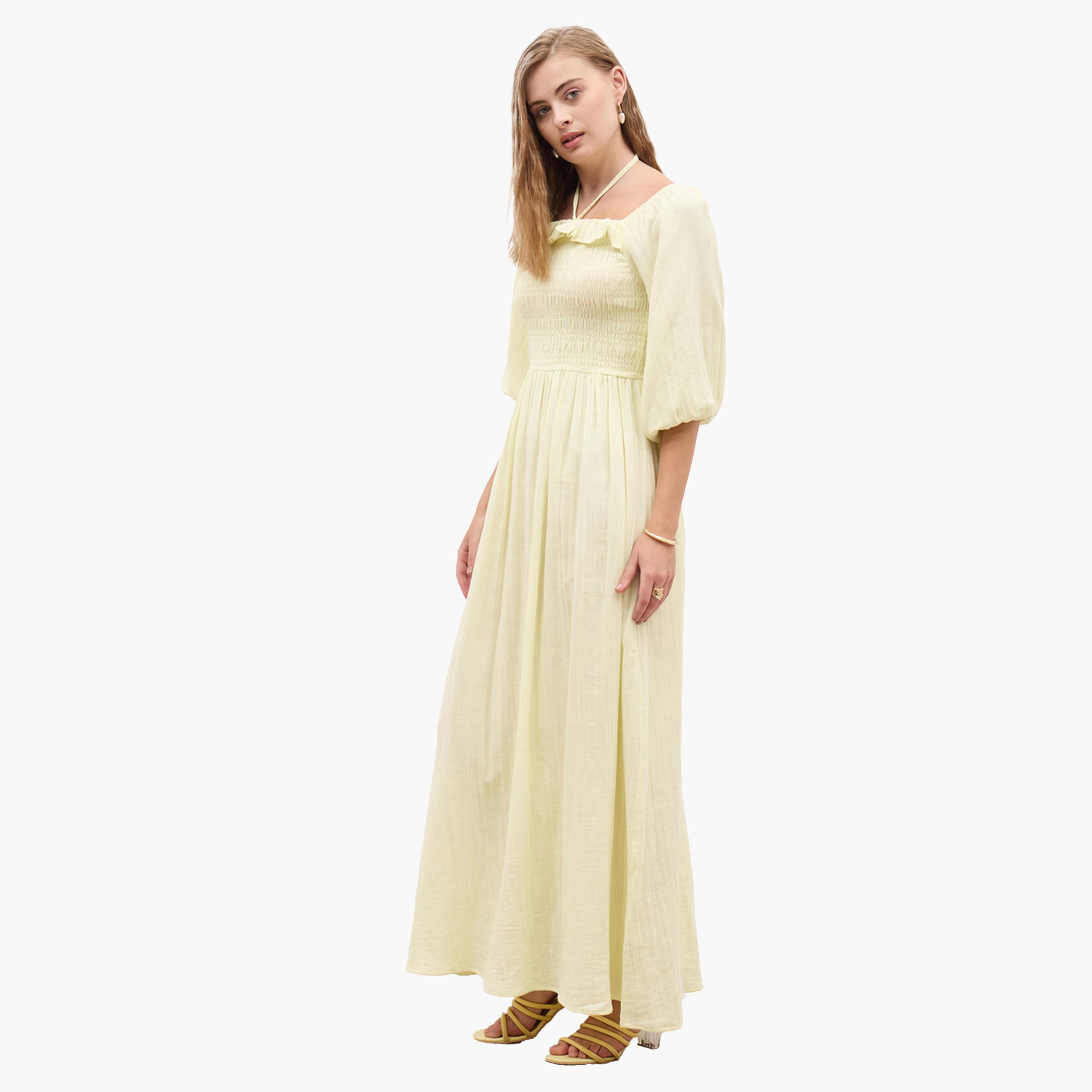 Styli Plain Balloon Sleeves A-Line Maxi Dress with Smocked Detail-women-clothing-dresses-image-3