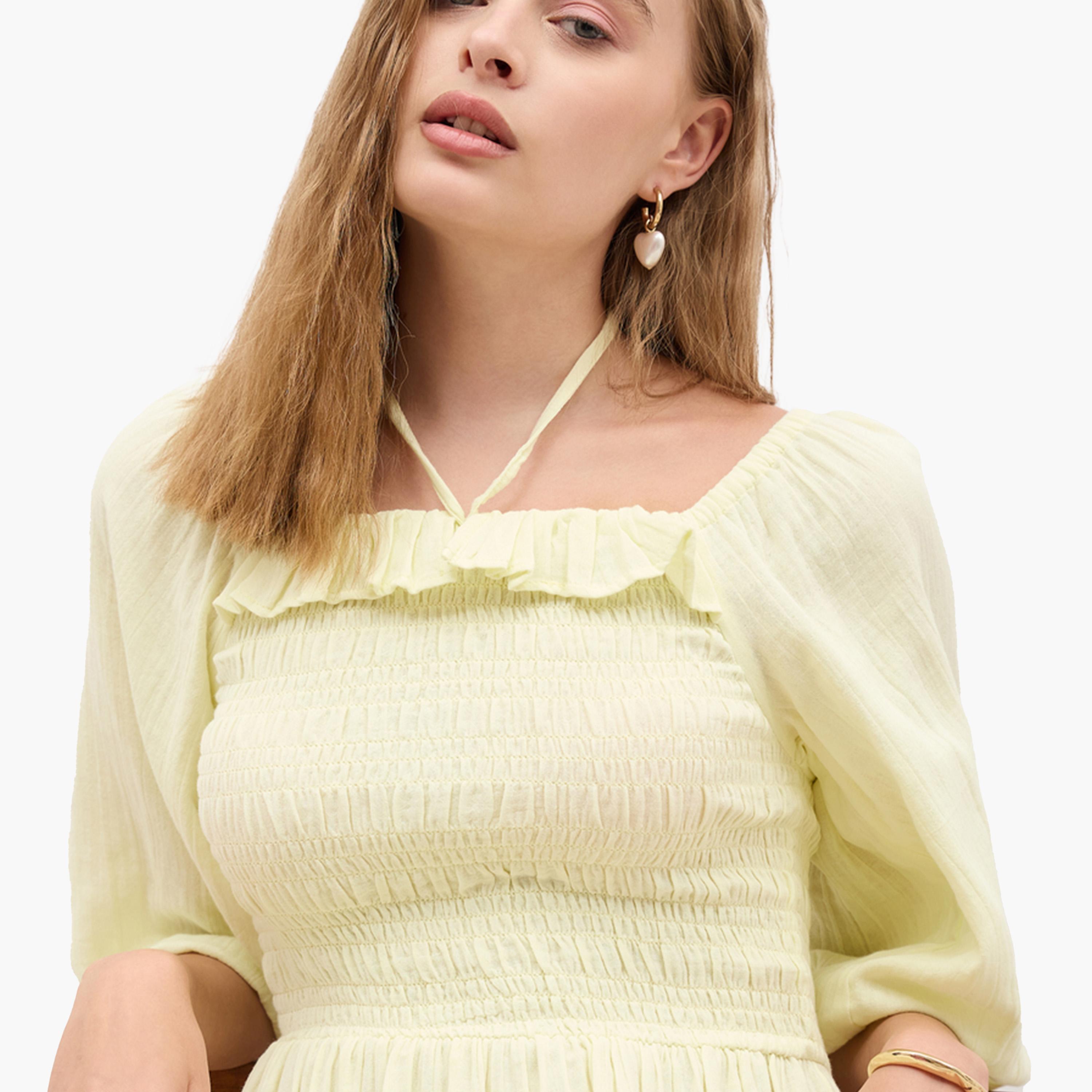 Styli Plain Balloon Sleeves A-Line Maxi Dress with Smocked Detail-women-clothing-dresses-image-4