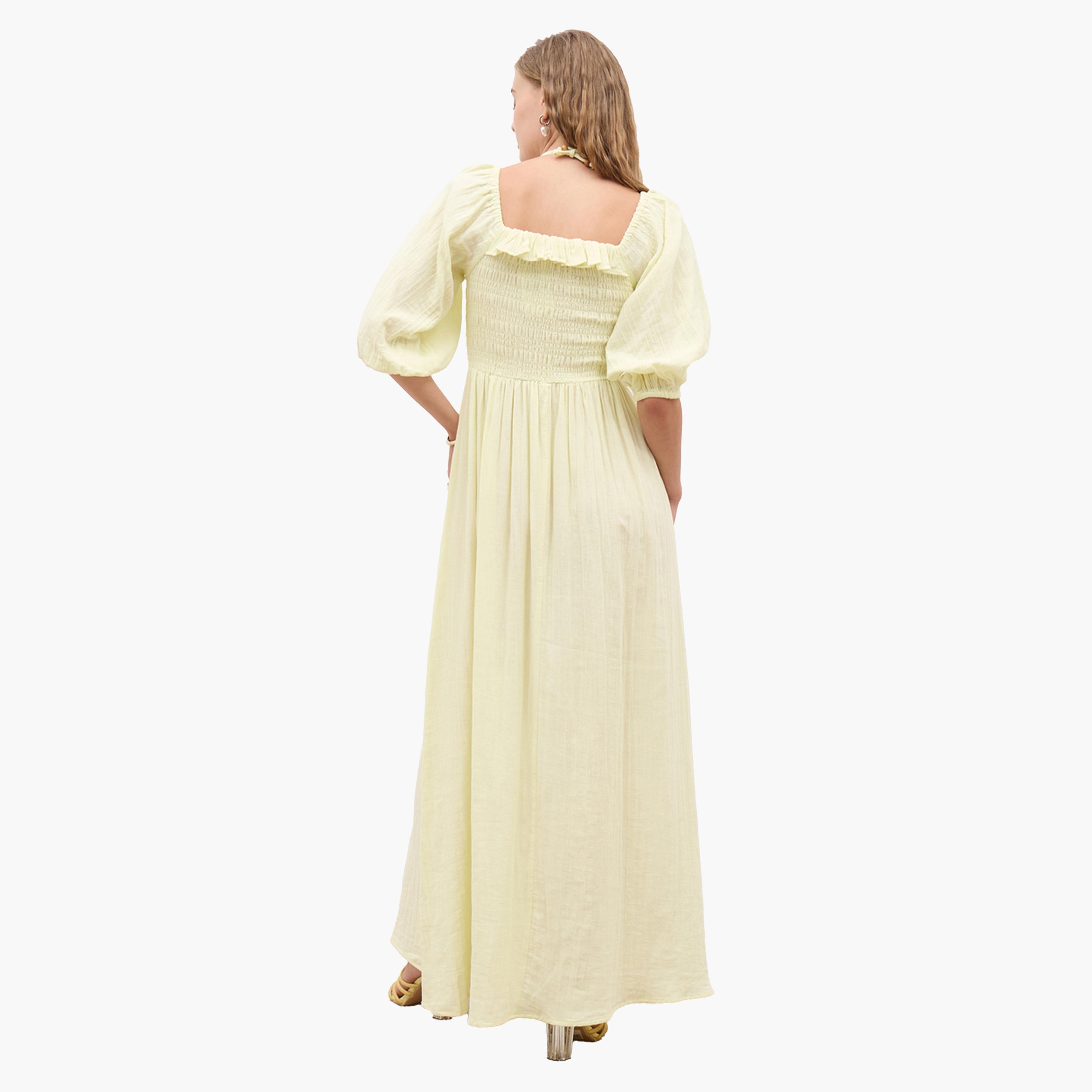 Styli Plain Balloon Sleeves A-Line Maxi Dress with Smocked Detail-women-clothing-dresses-image-5
