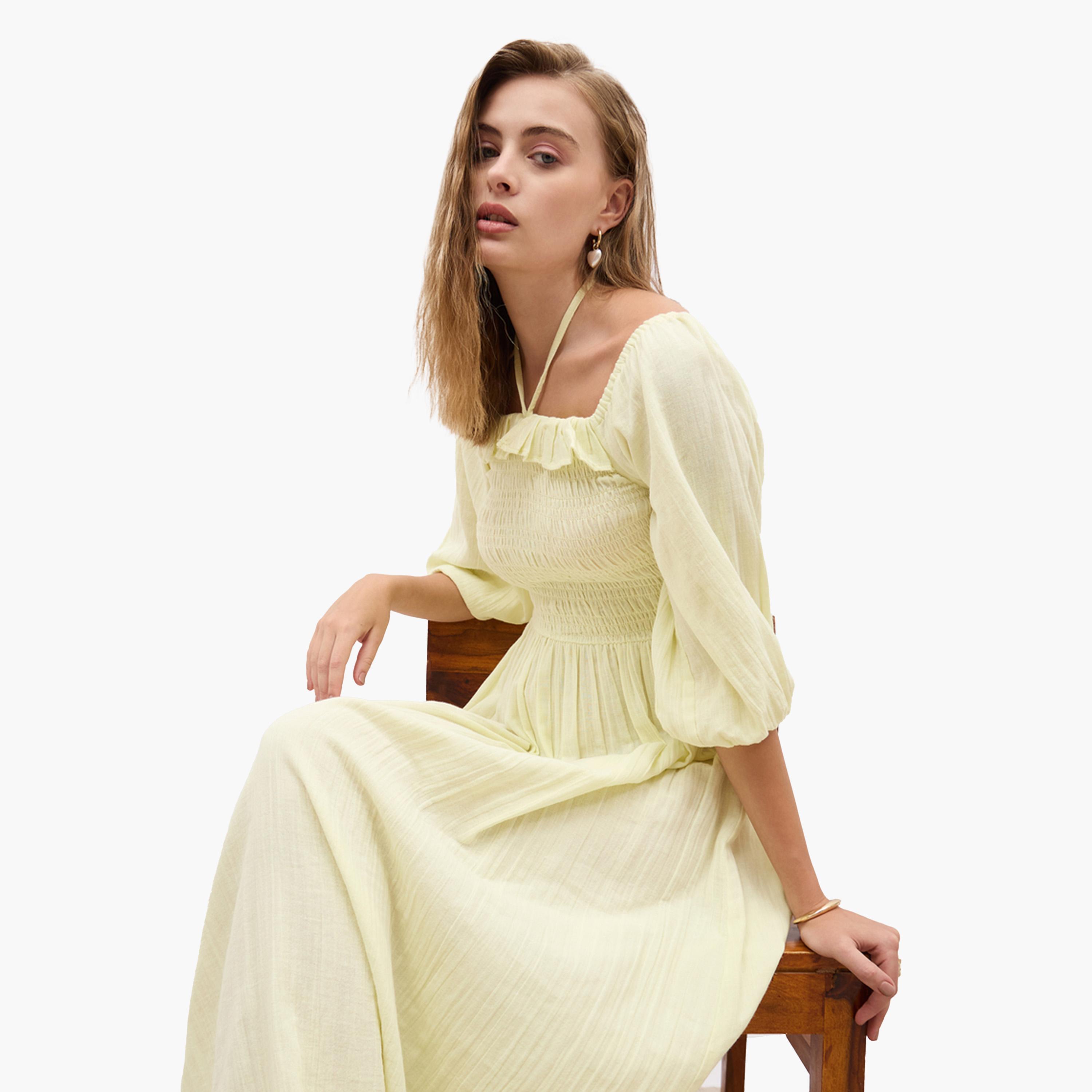 Styli Plain Balloon Sleeves A-Line Maxi Dress with Smocked Detail-women-clothing-dresses-image-6
