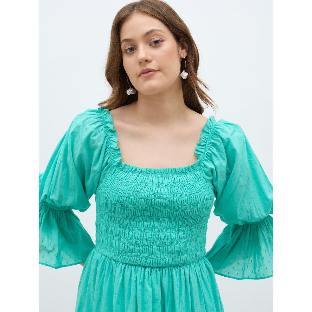فستان ميدي بياقة مربعة وتفاصيل مُجمعة-women-clothing-dresses-image-4
