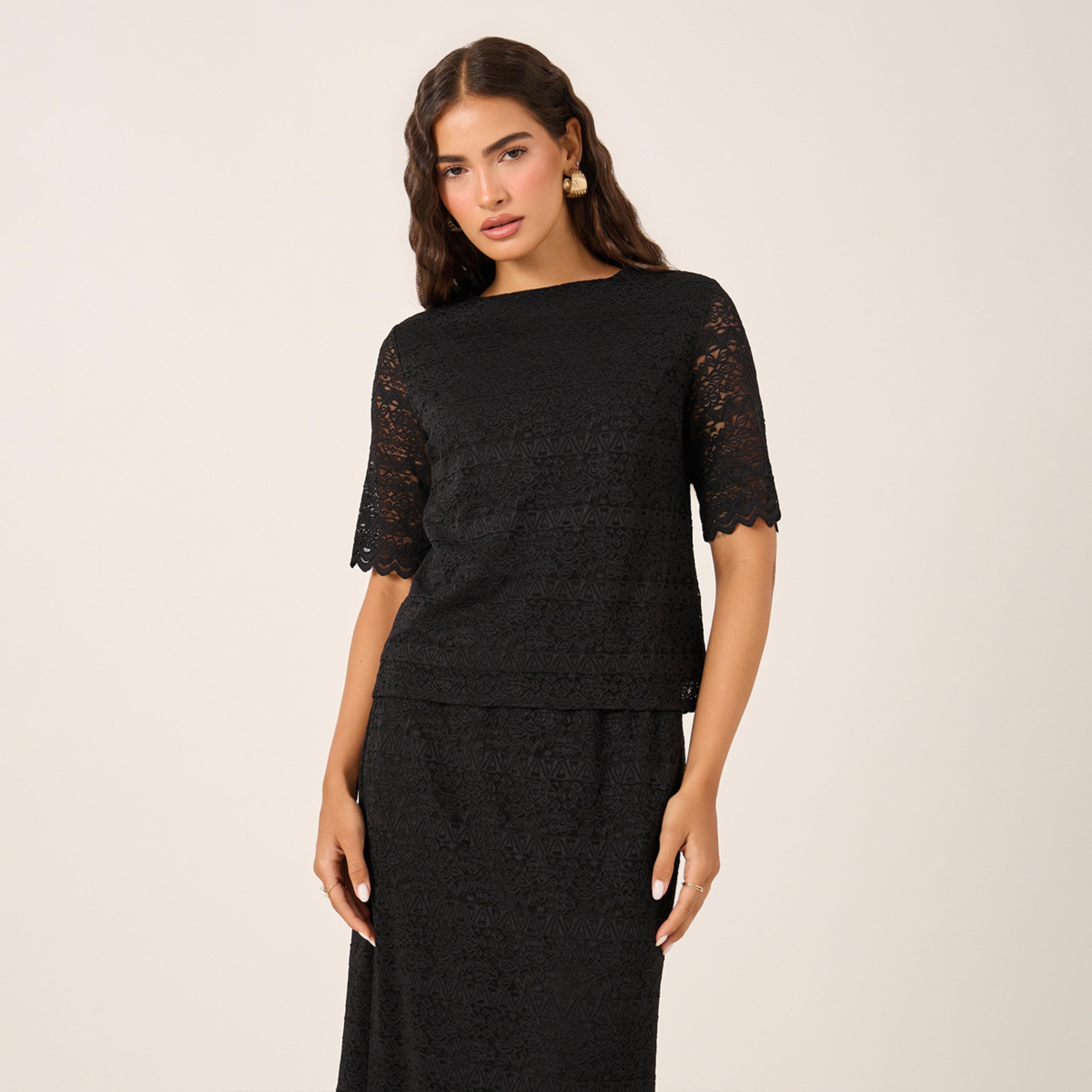 ستايلي - طقم تنورة وقميص دانتيل بحافة صدفية-women-clothing-coordsets-image-2