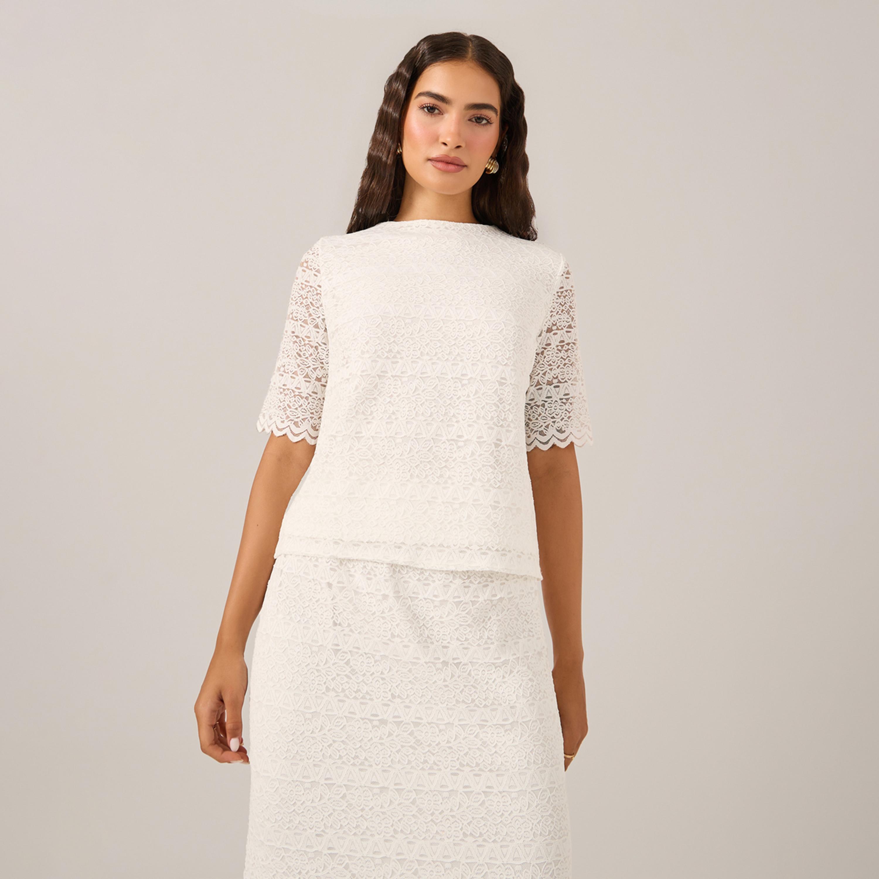 ستايلي - طقم تنورة وقميص دانتيل بحافة صدفية-women-clothing-coordsets-image-2
