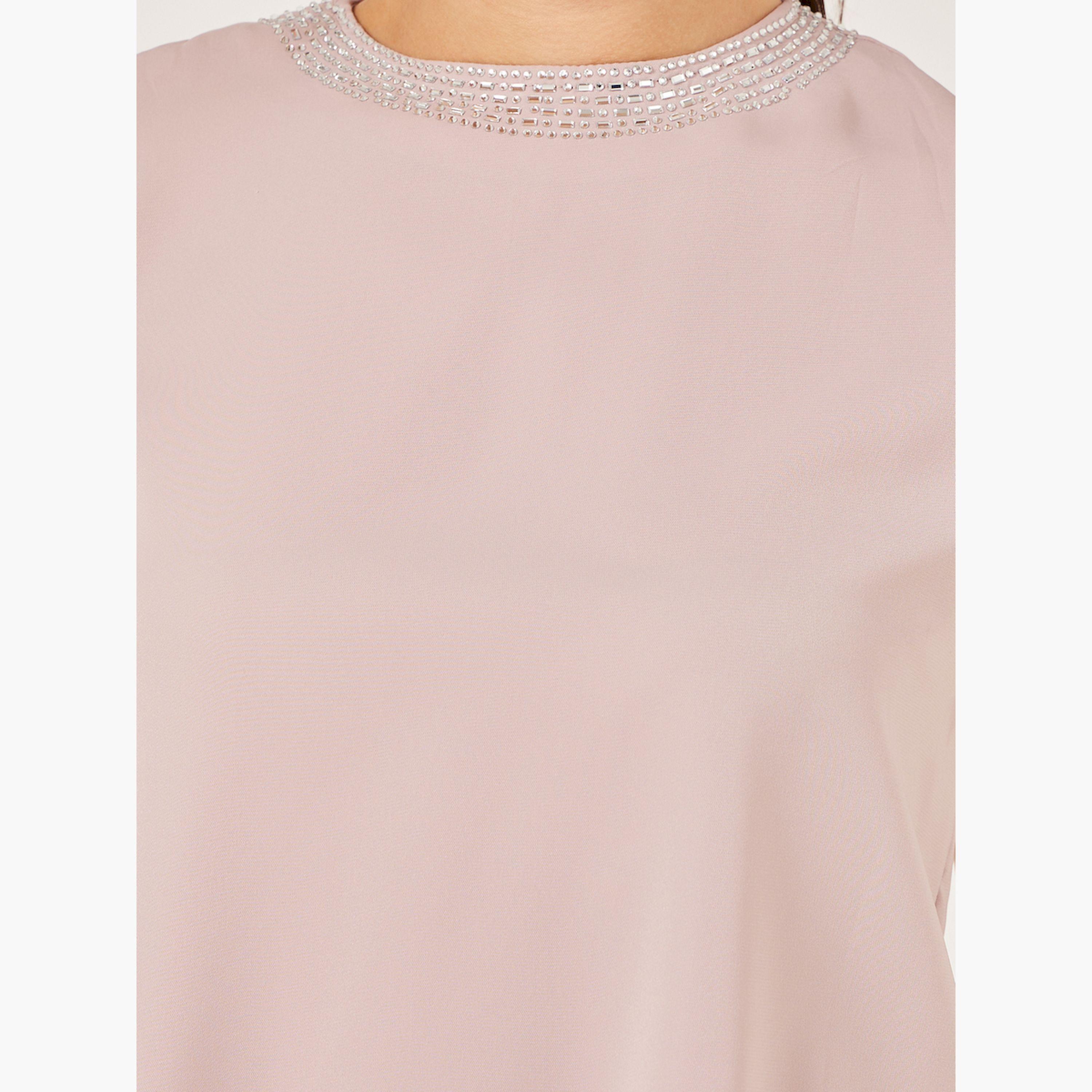 ستايلي -  طقم من بلوزة وبنطال بأكمام واحدة وياقة دائرية-women-clothing-coordsets-image-3