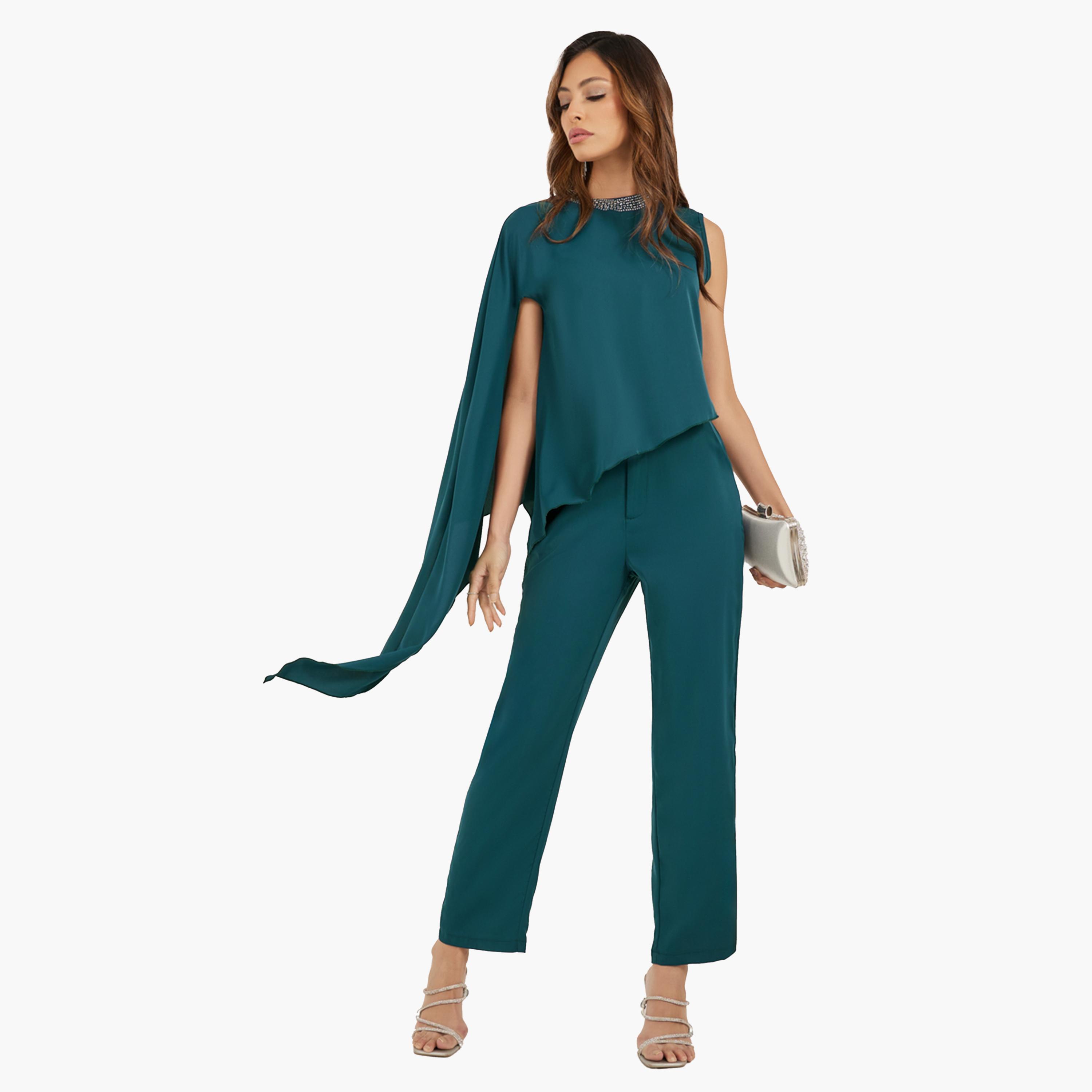 ستايلي - طقم قميص بكم كيب واحد ورقبة دائرية مع بنطال-women-clothing-coordsets-image-1