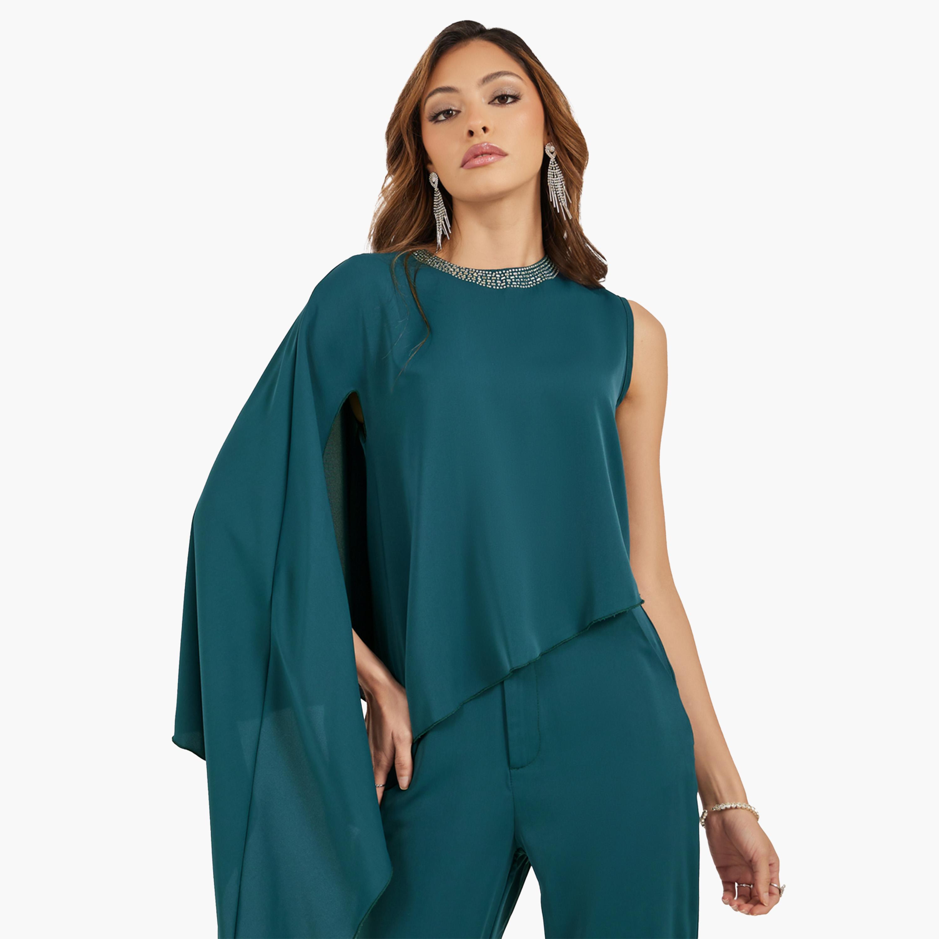 ستايلي - طقم قميص بكم كيب واحد ورقبة دائرية مع بنطال-women-clothing-coordsets-image-2