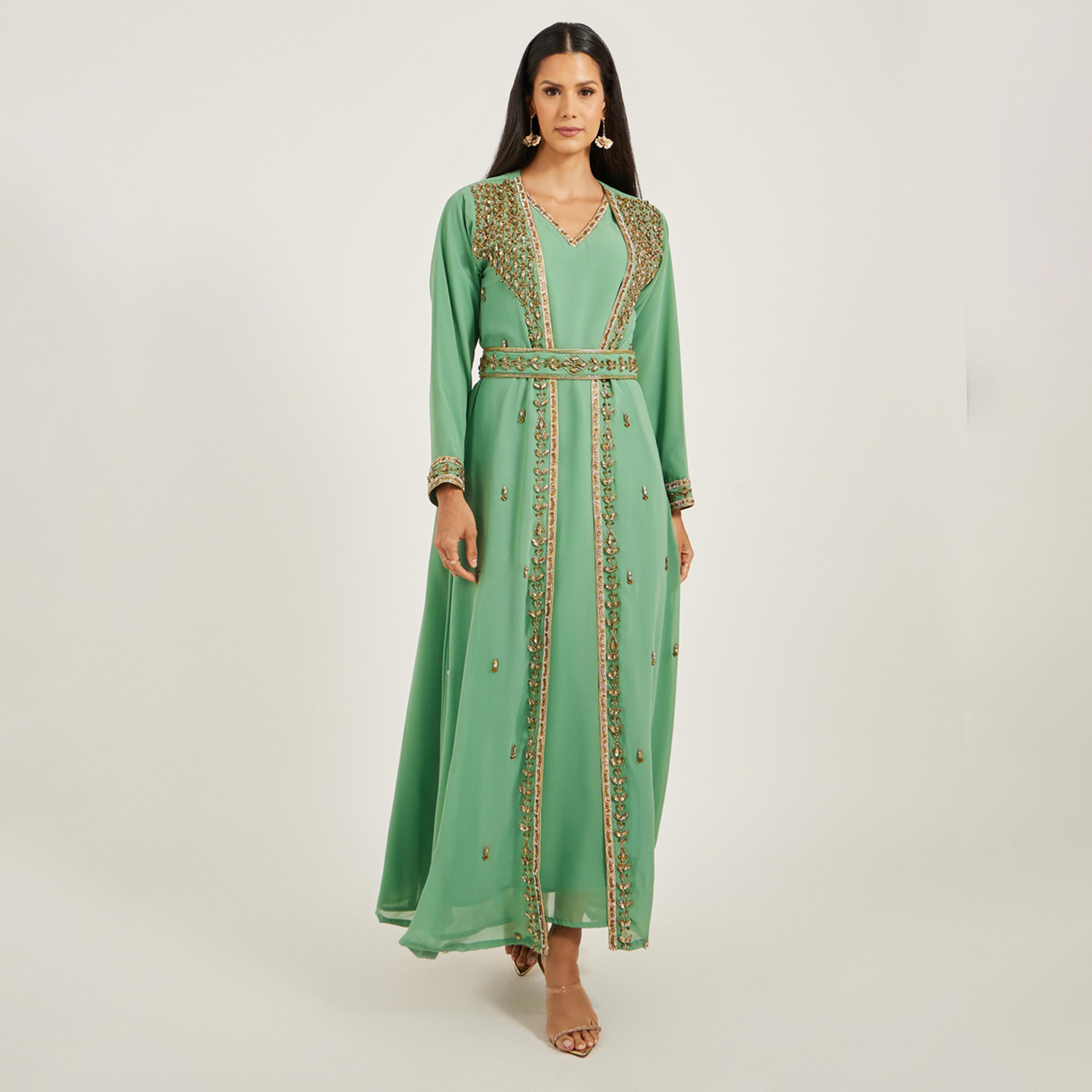 Maxim Creation X Styli Embellished Lace Detail V-Neck A-Line Jalabiya-women-arabicclothing-jalabiyas-image-1