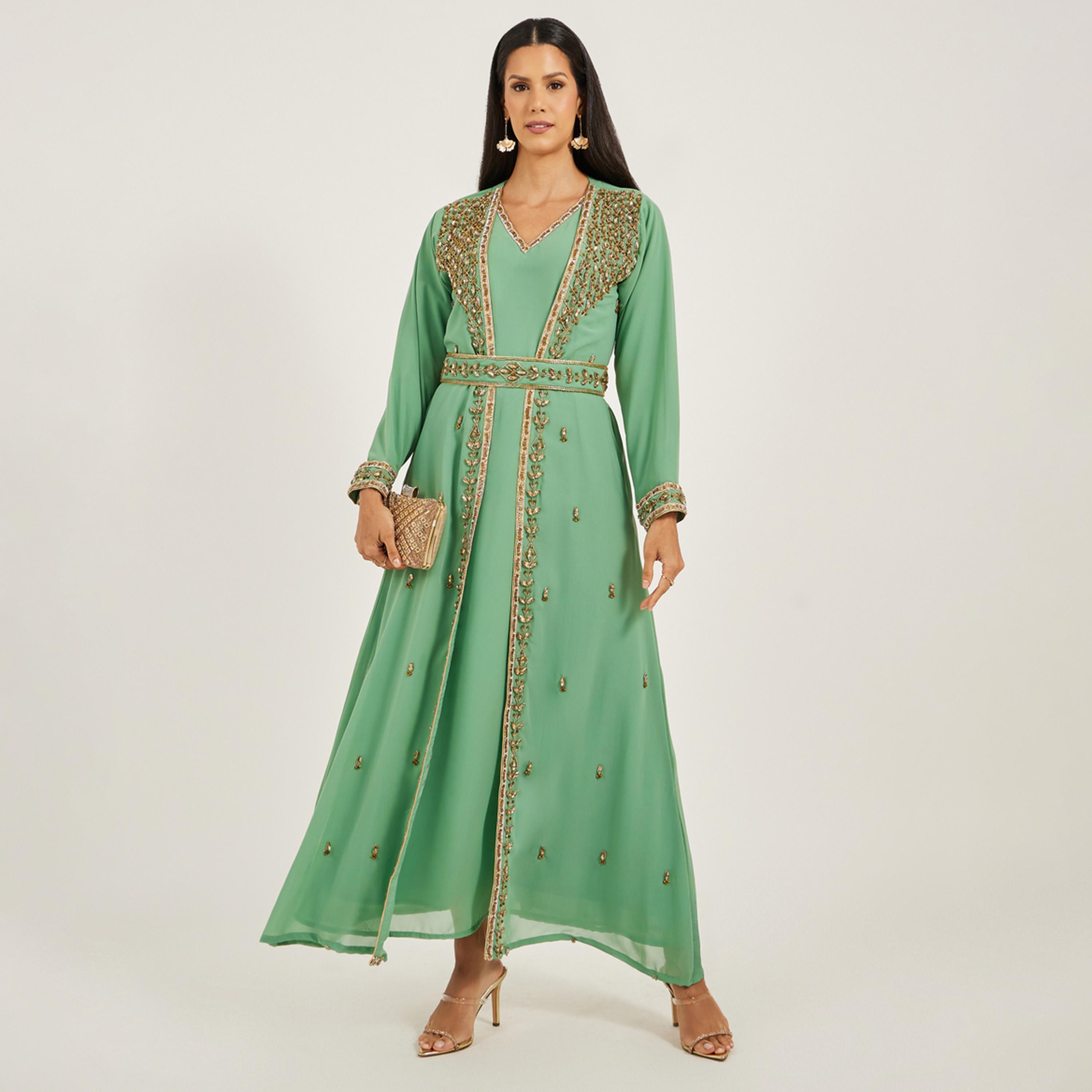 Maxim Creation X Styli Embellished Lace Detail V-Neck A-Line Jalabiya-women-arabicclothing-jalabiyas-image-2