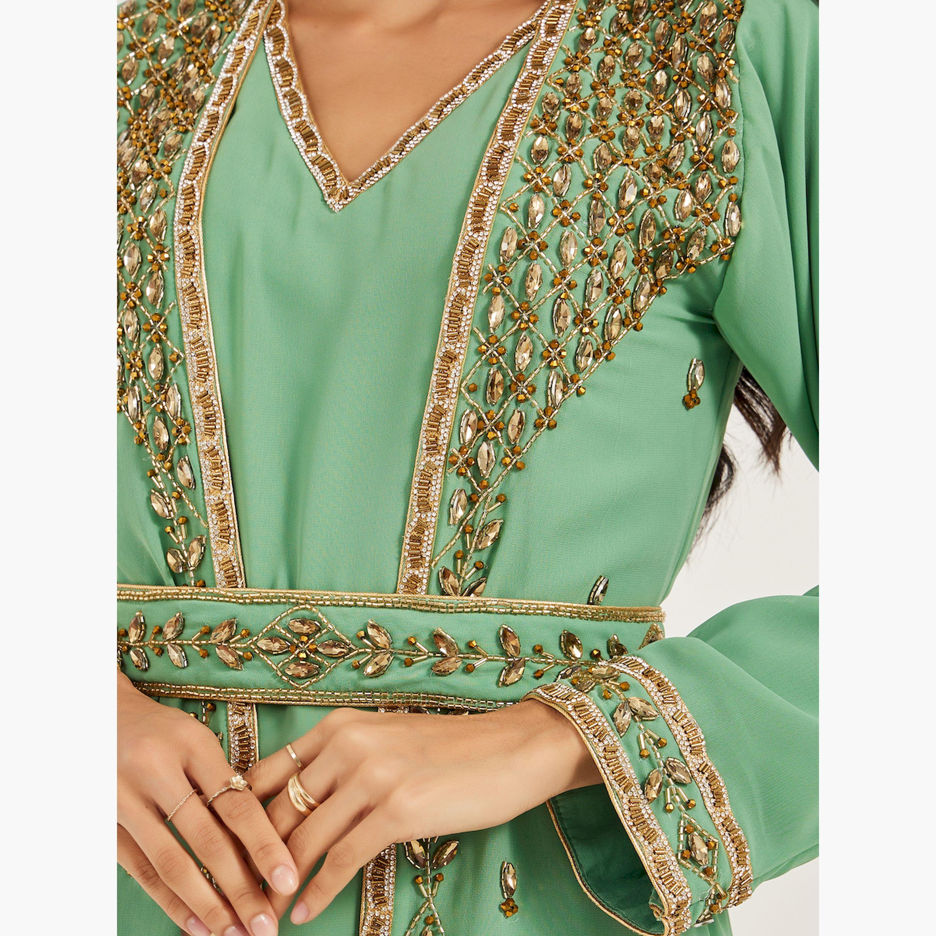 Maxim Creation X Styli Embellished Lace Detail V-Neck A-Line Jalabiya-women-arabicclothing-jalabiyas-image-4