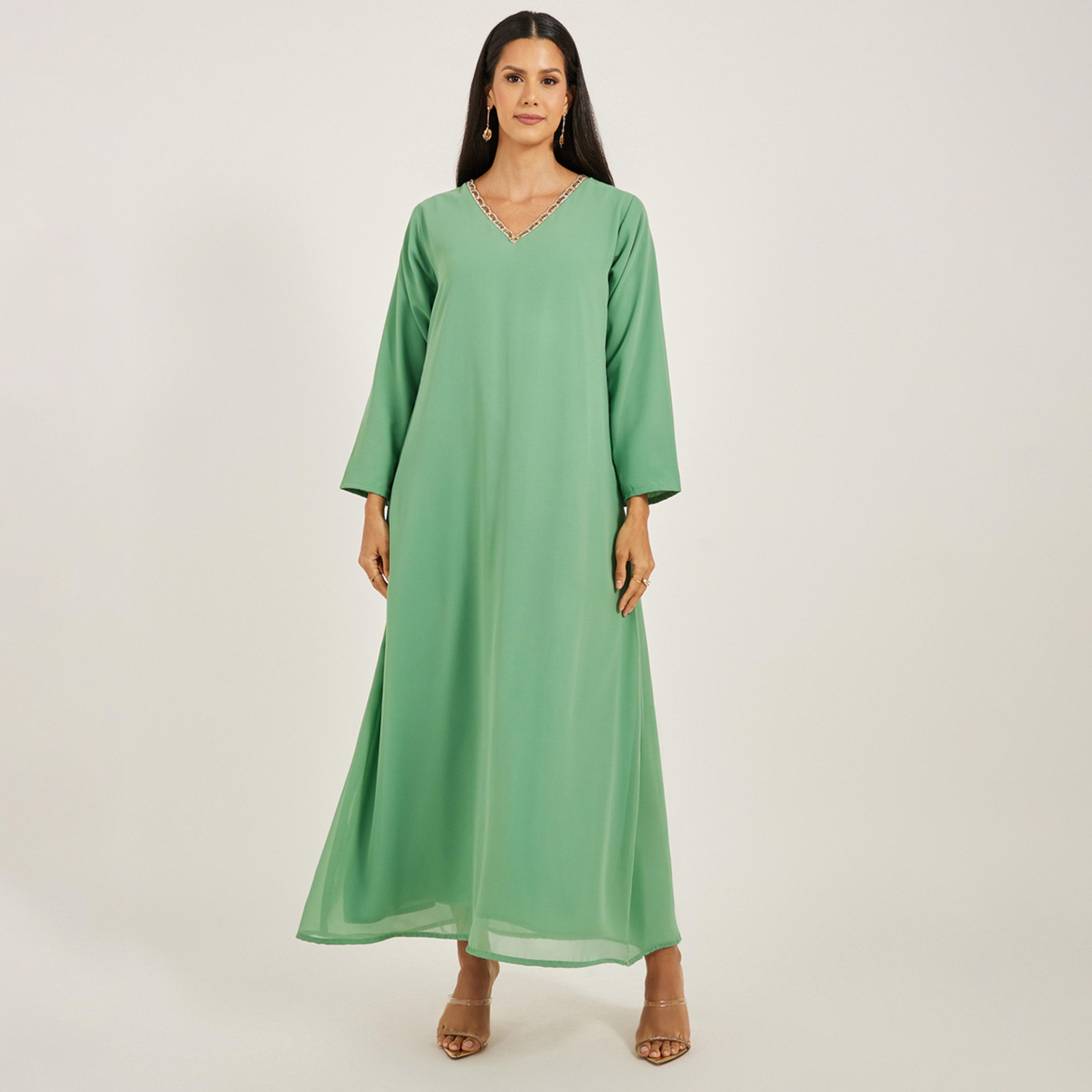 Maxim Creation X Styli Embellished Lace Detail V-Neck A-Line Jalabiya-women-arabicclothing-jalabiyas-image-5