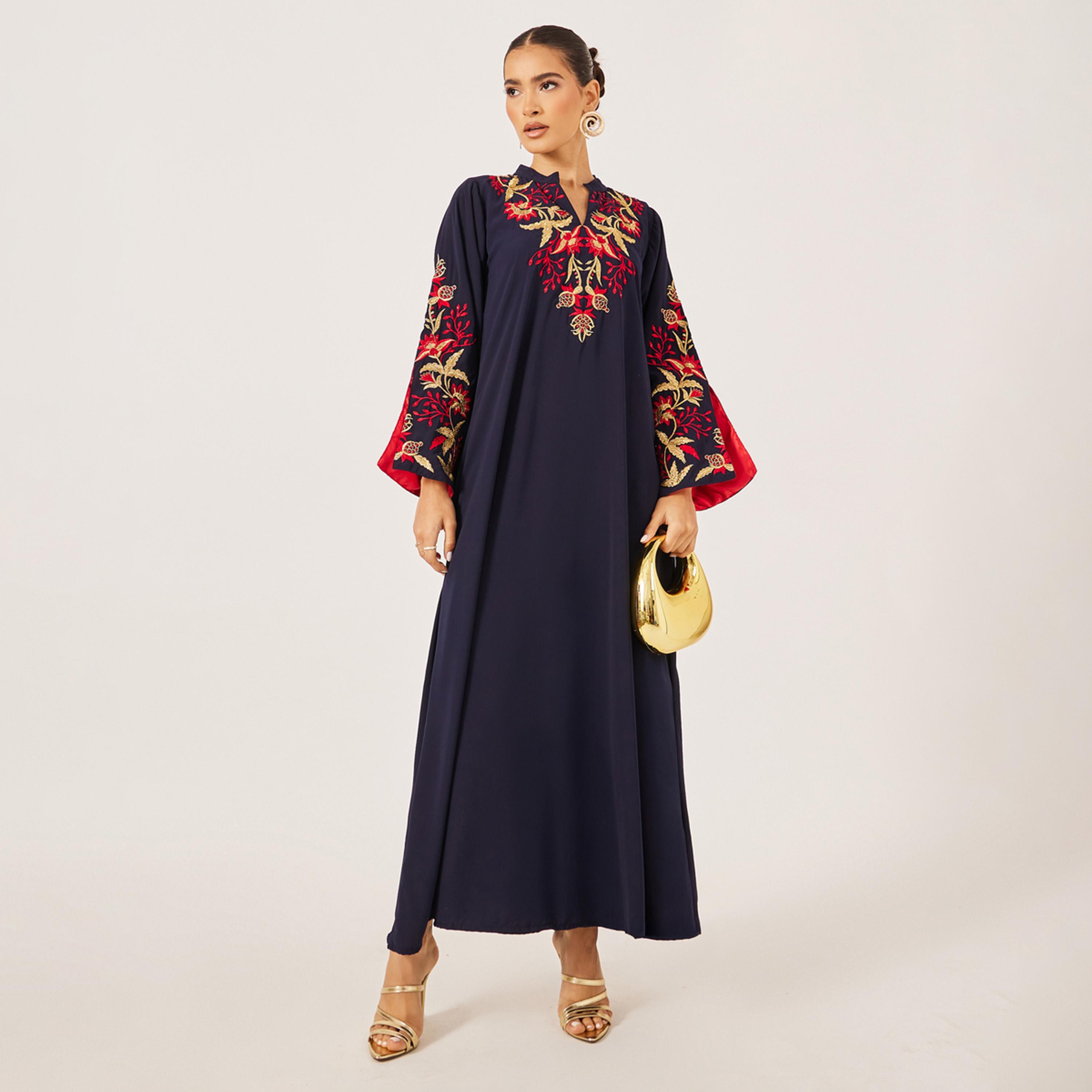Maxim Creation x Styli Embroidered Collared A-Line Jalabiya-women-arabicclothing-jalabiyas-image-1