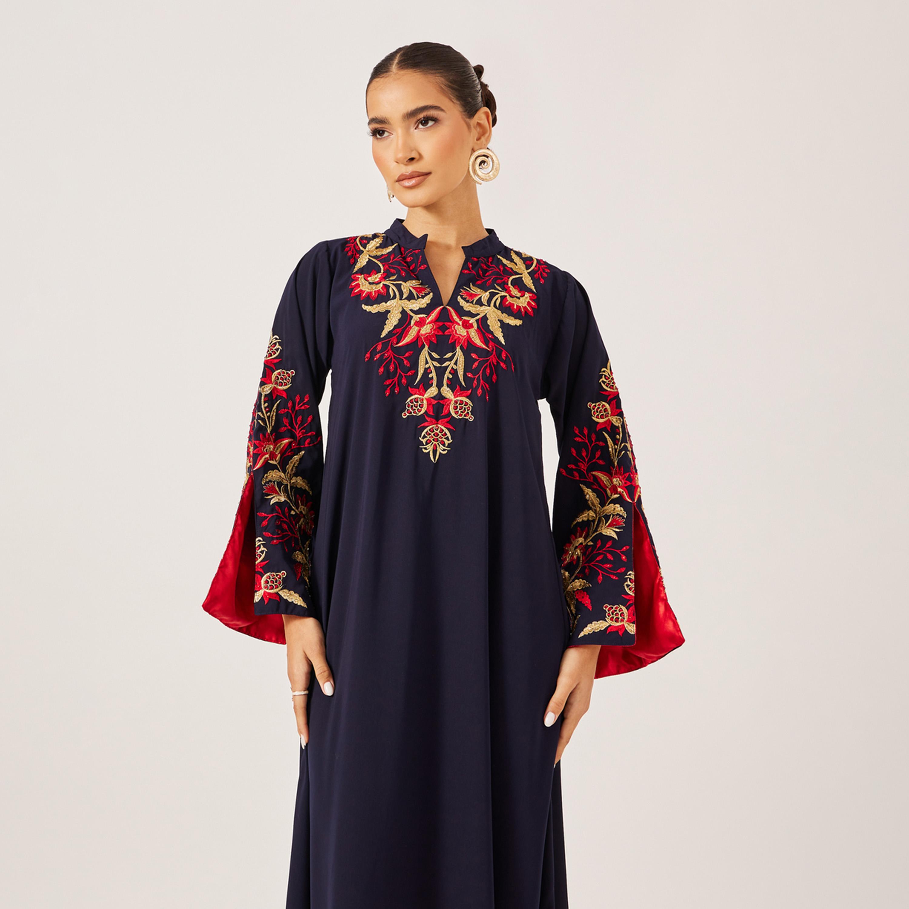 Maxim Creation x Styli Embroidered Collared A-Line Jalabiya-women-arabicclothing-jalabiyas-image-3