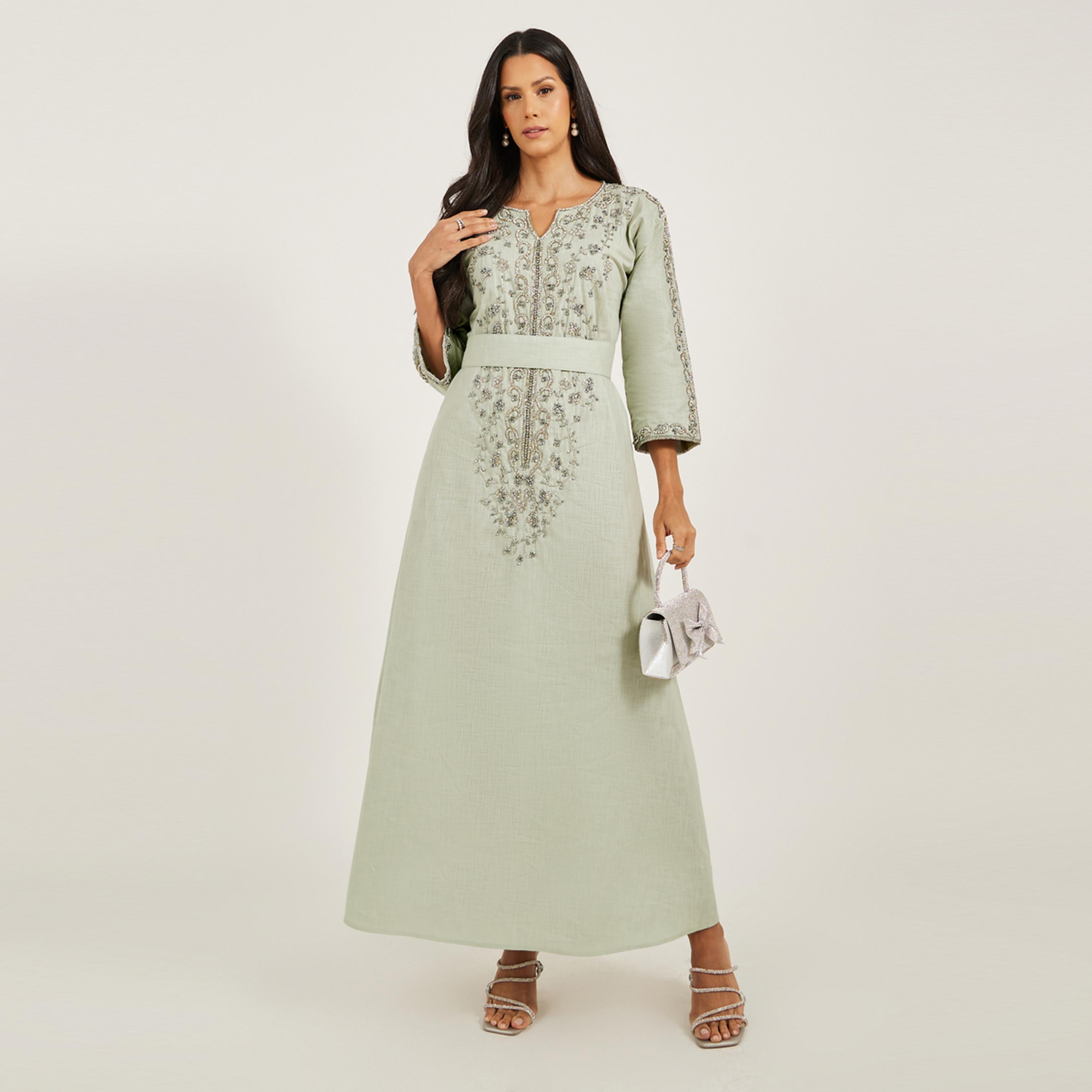 Maxim Creation X Styli Pure Linen Jalabiya With Silver Hand Embroidery-women-arabicclothing-jalabiyas-image-1
