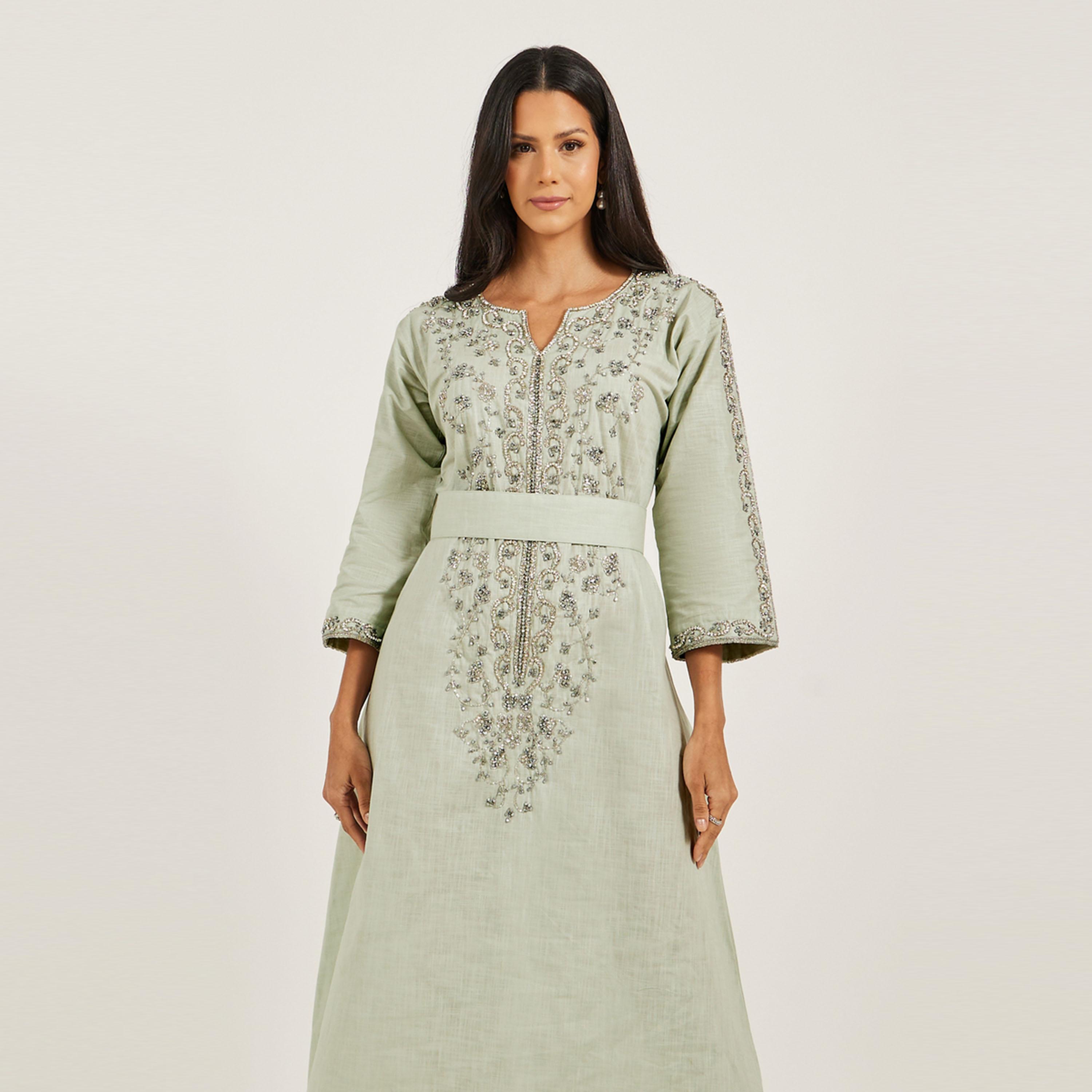 ماكسيم كرييشن × ستايلي - جلابية من الكتان الخالص مع تطريز يدوي باللون الفضي-women-arabicclothing-jalabiyas-image-3