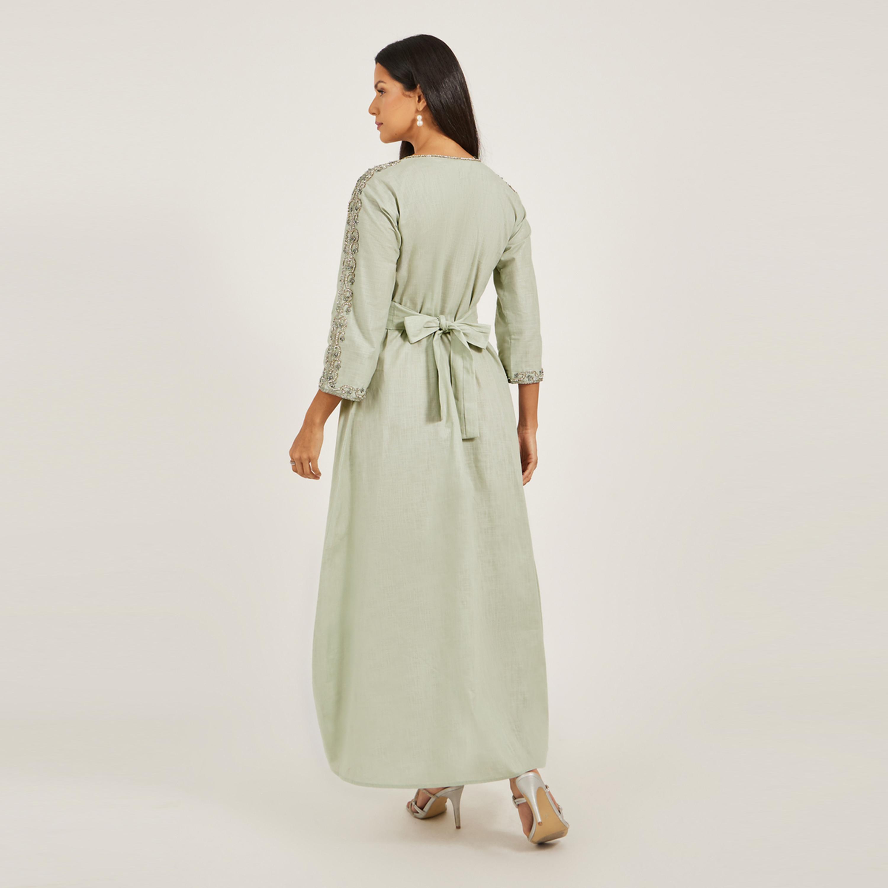 ماكسيم كرييشن × ستايلي - جلابية من الكتان الخالص مع تطريز يدوي باللون الفضي-women-arabicclothing-jalabiyas-image-5