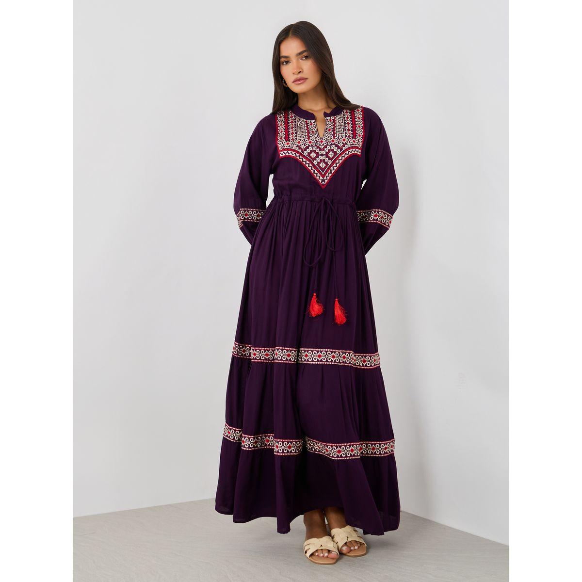 Maxim Creation Embroidered A-Line Jalabiya with Ruched Waist Detail-women-arabicclothing-jalabiyas-image-2