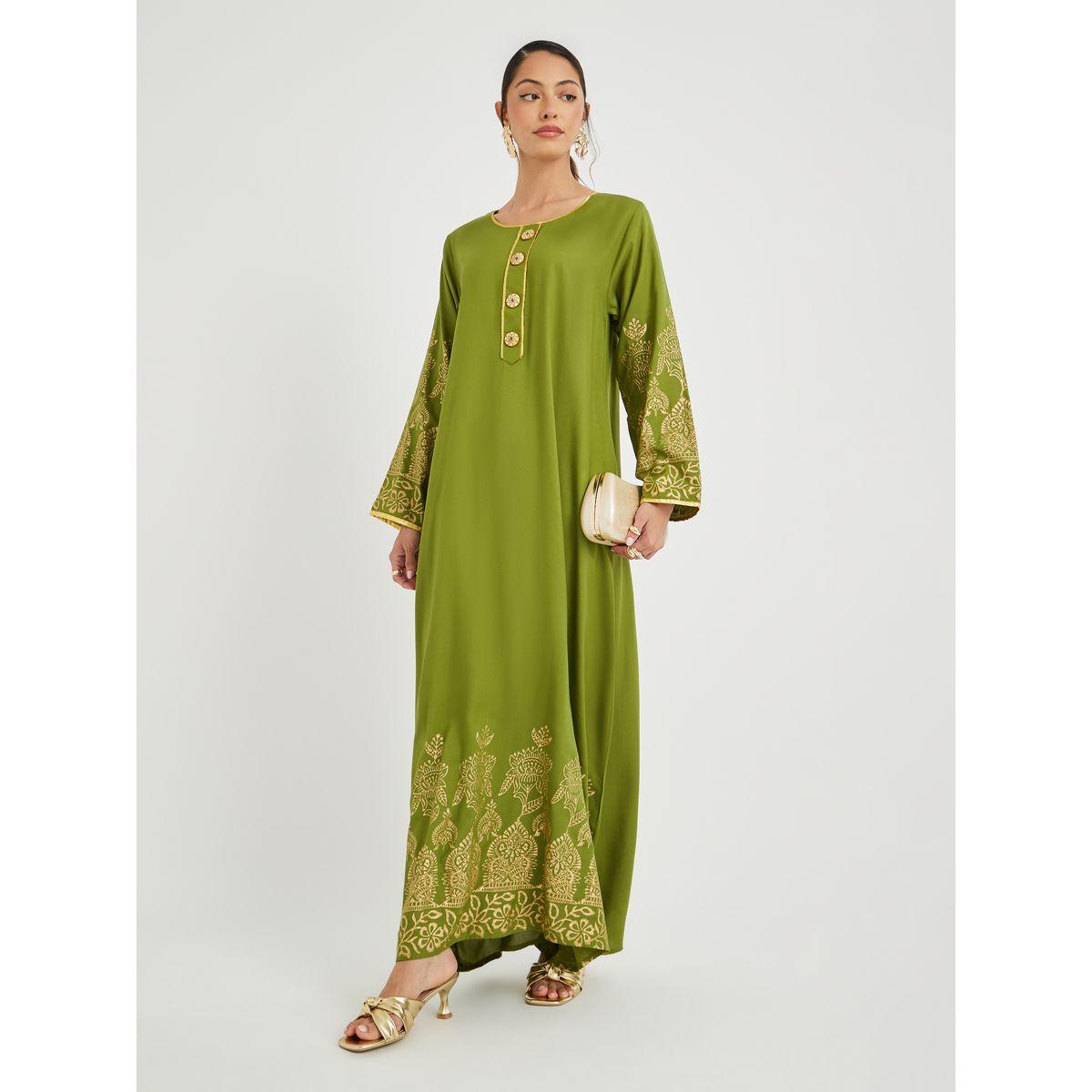 Maxim Creation Foil Block Print Round Neck Jalabiya with Button Detail-women-arabicclothing-jalabiyas-image-1