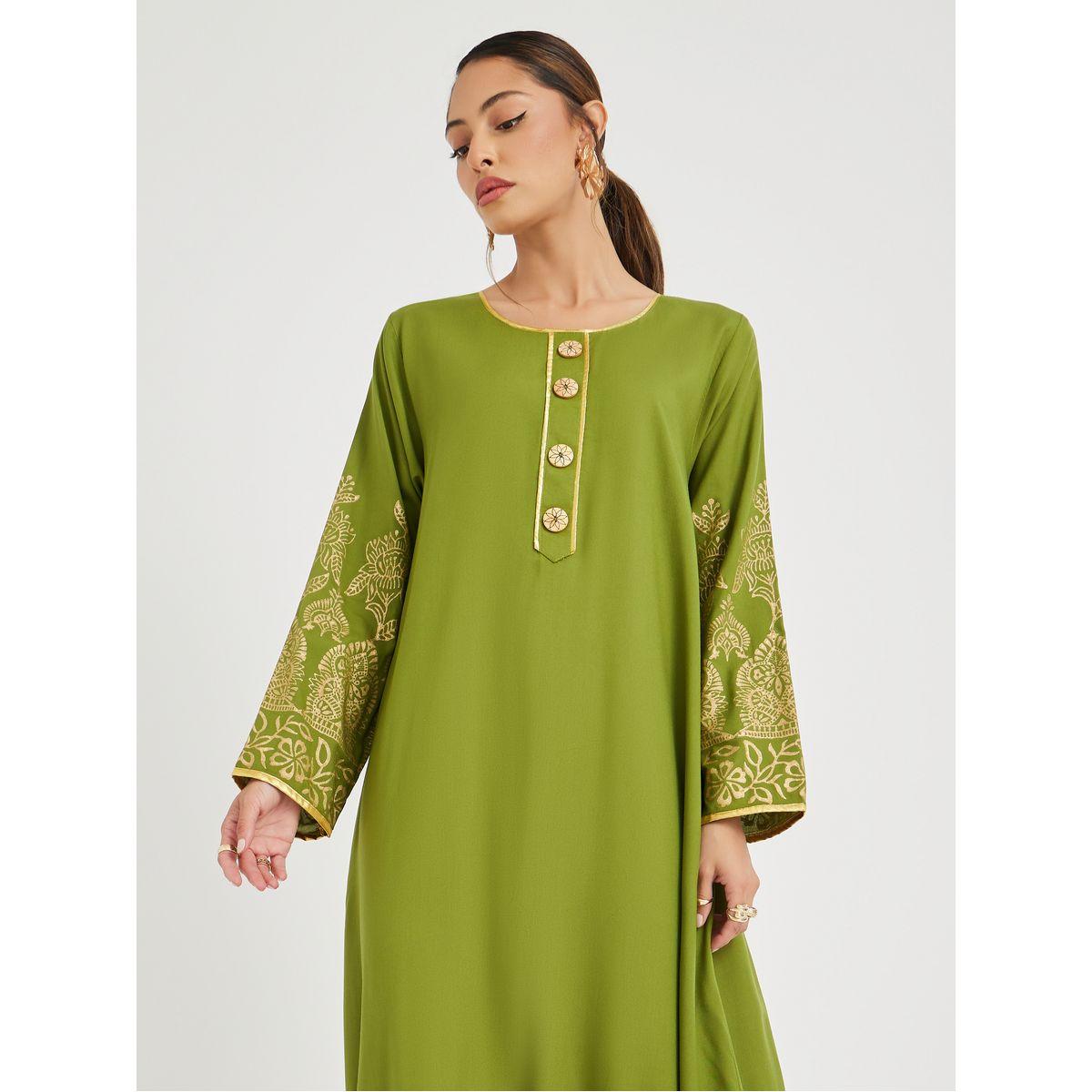 Maxim Creation Foil Block Print Round Neck Jalabiya with Button Detail-women-arabicclothing-jalabiyas-image-2