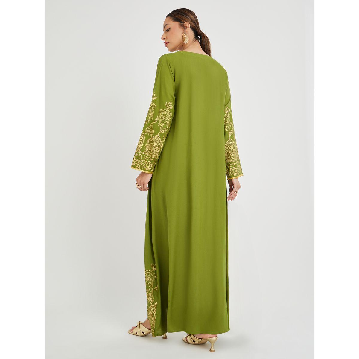 Maxim Creation Foil Block Print Round Neck Jalabiya with Button Detail-women-arabicclothing-jalabiyas-image-4