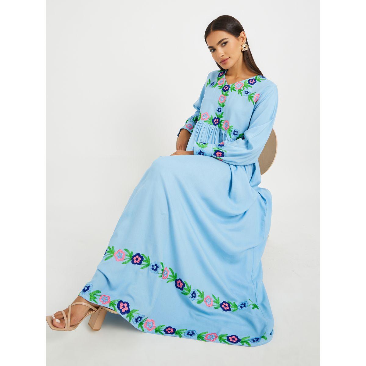Maxim Creation Embroidered V Neck Gathered Jalabiya-women-arabicclothing-jalabiyas-image-1