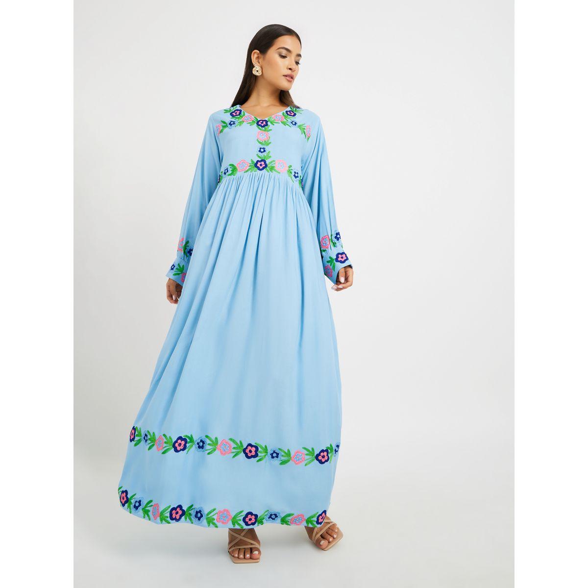 Maxim Creation Embroidered V Neck Gathered Jalabiya-women-arabicclothing-jalabiyas-image-2