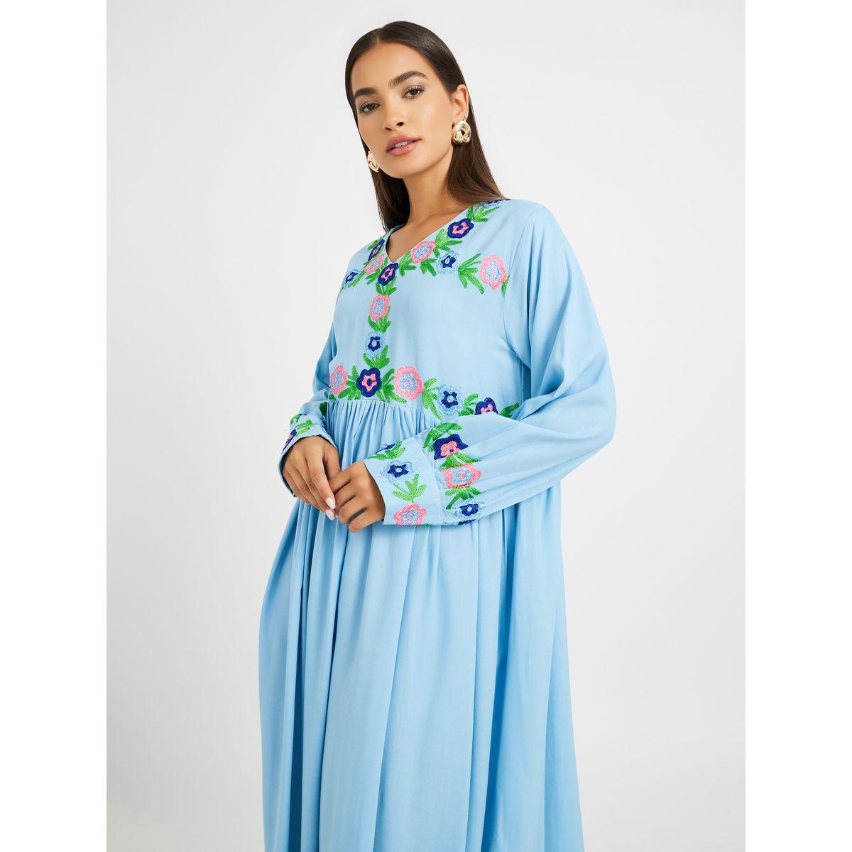 Maxim Creation Embroidered V Neck Gathered Jalabiya-women-arabicclothing-jalabiyas-image-3