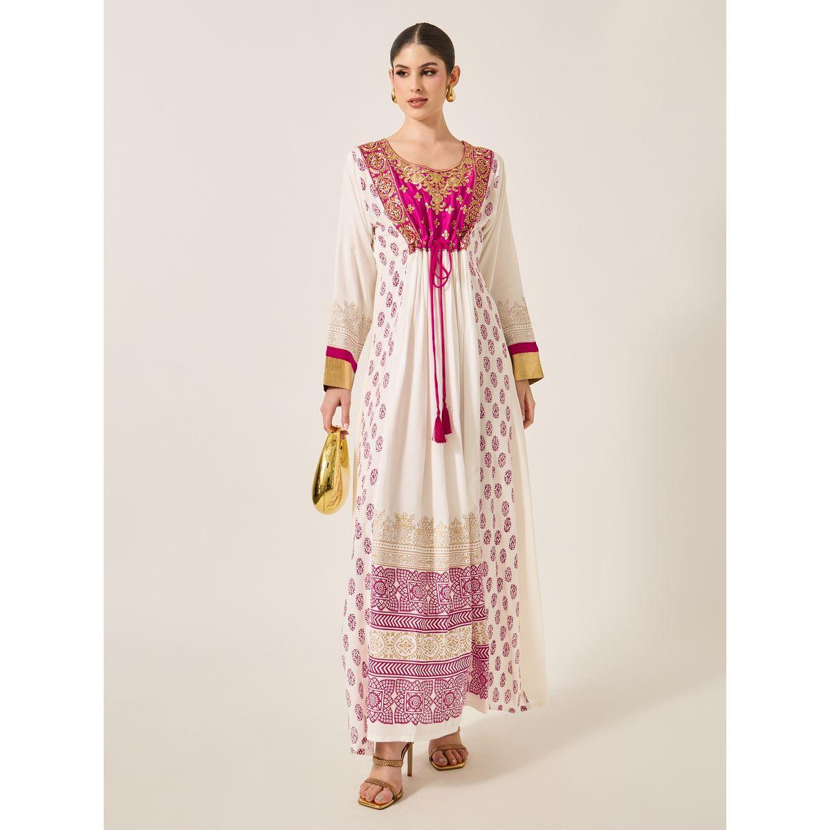 Maxim Creation Pink Embroidered Detail Cream Maxi Jalabiya-women-arabicclothing-jalabiyas-image-1