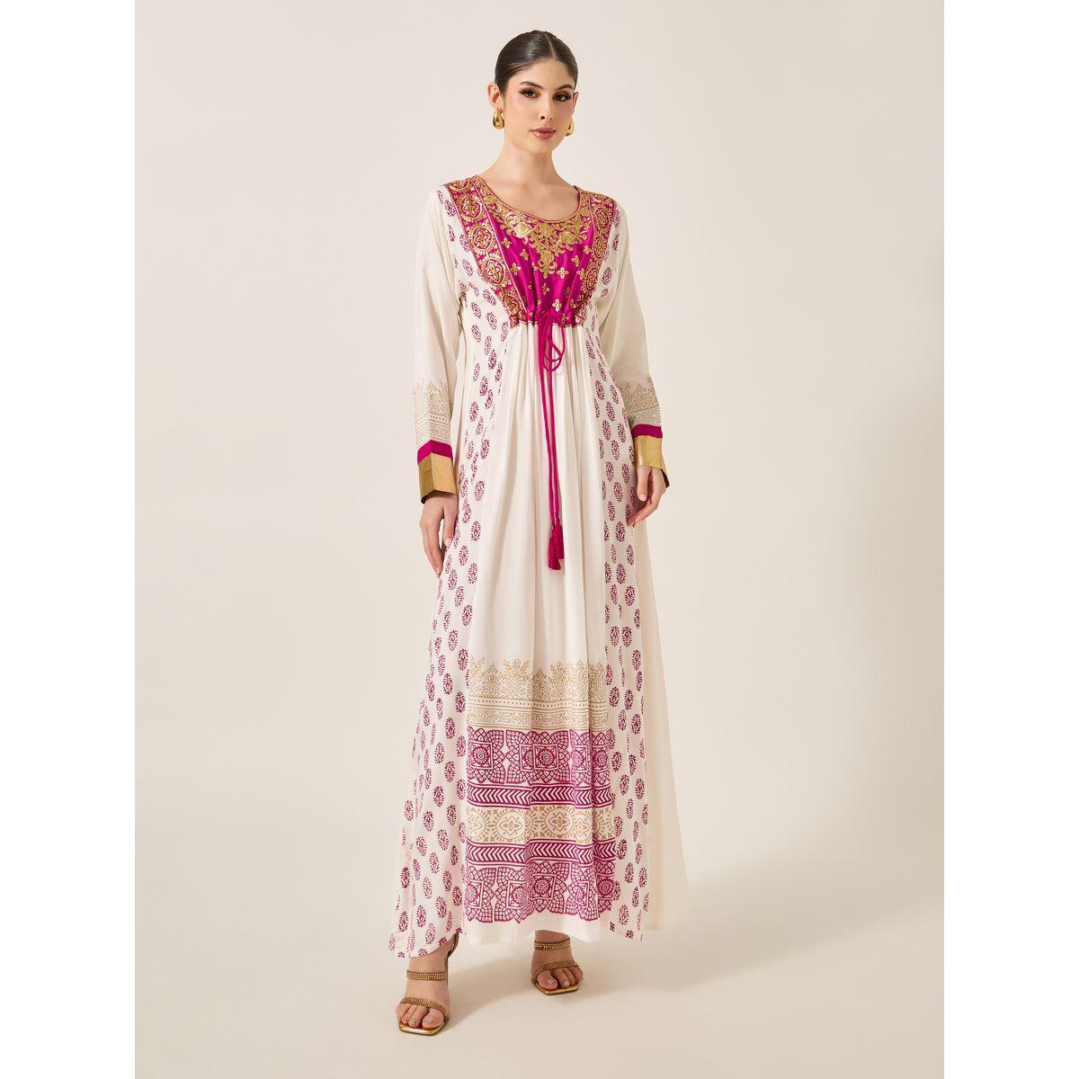 Maxim Creation Pink Embroidered Detail Cream Maxi Jalabiya-women-arabicclothing-jalabiyas-image-2