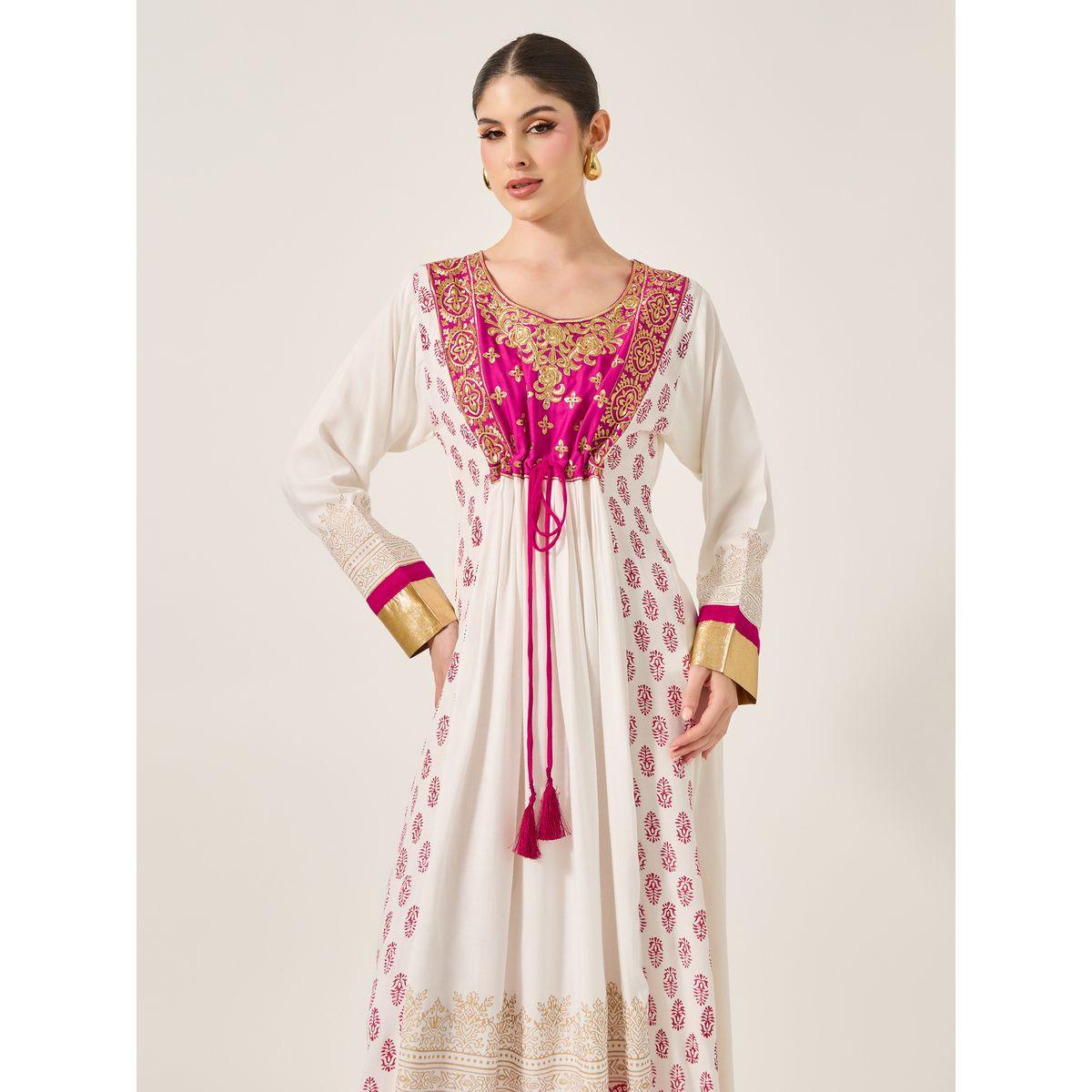 Maxim Creation Pink Embroidered Detail Cream Maxi Jalabiya-women-arabicclothing-jalabiyas-image-3