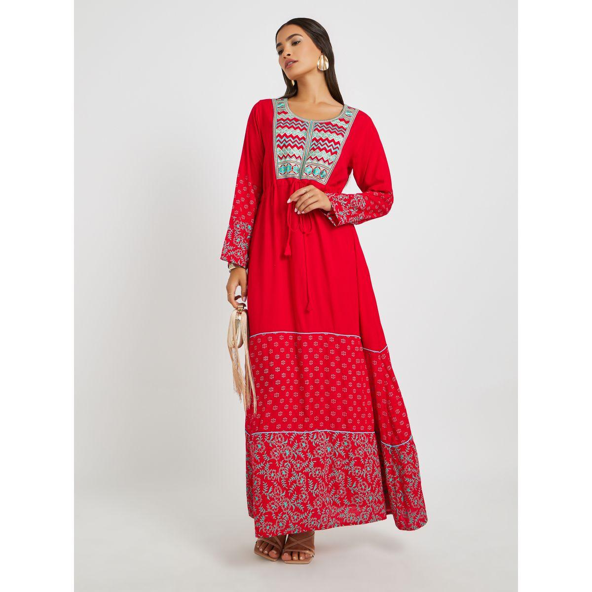 Maxim Creation Block Print Round Neck Jalabiya with Embroidered Yoke-women-arabicclothing-jalabiyas-image-2
