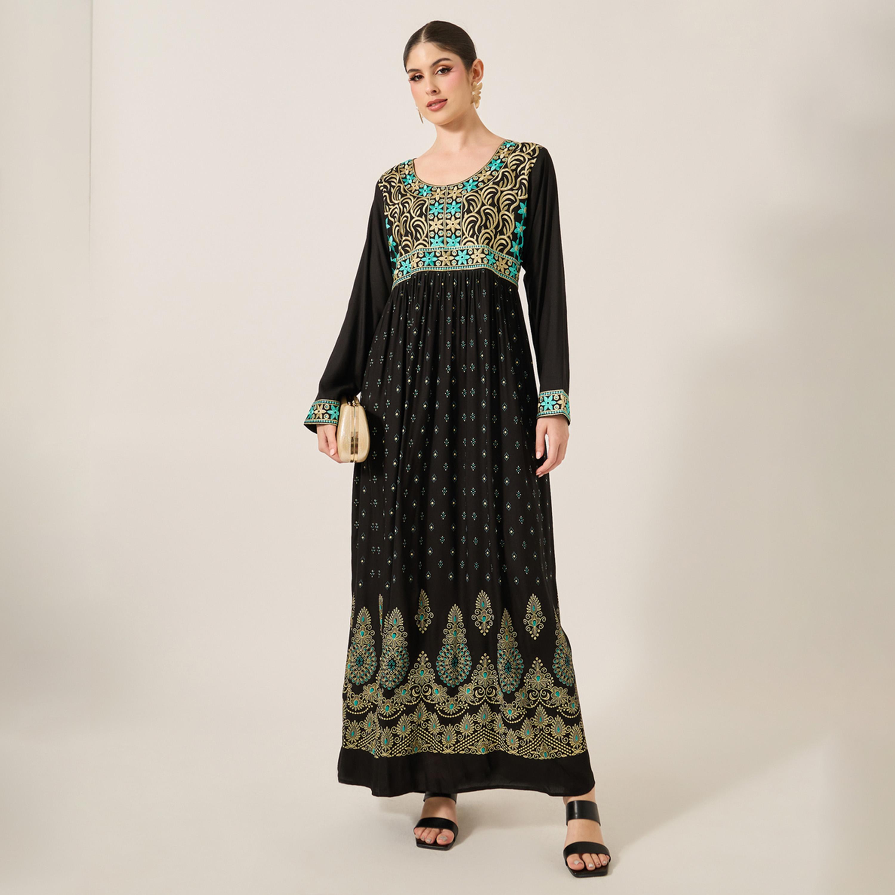 Maxim Creation X Styli Embroidered Round Neck A-Line Jalabiya-women-arabicclothing-jalabiyas-image-1