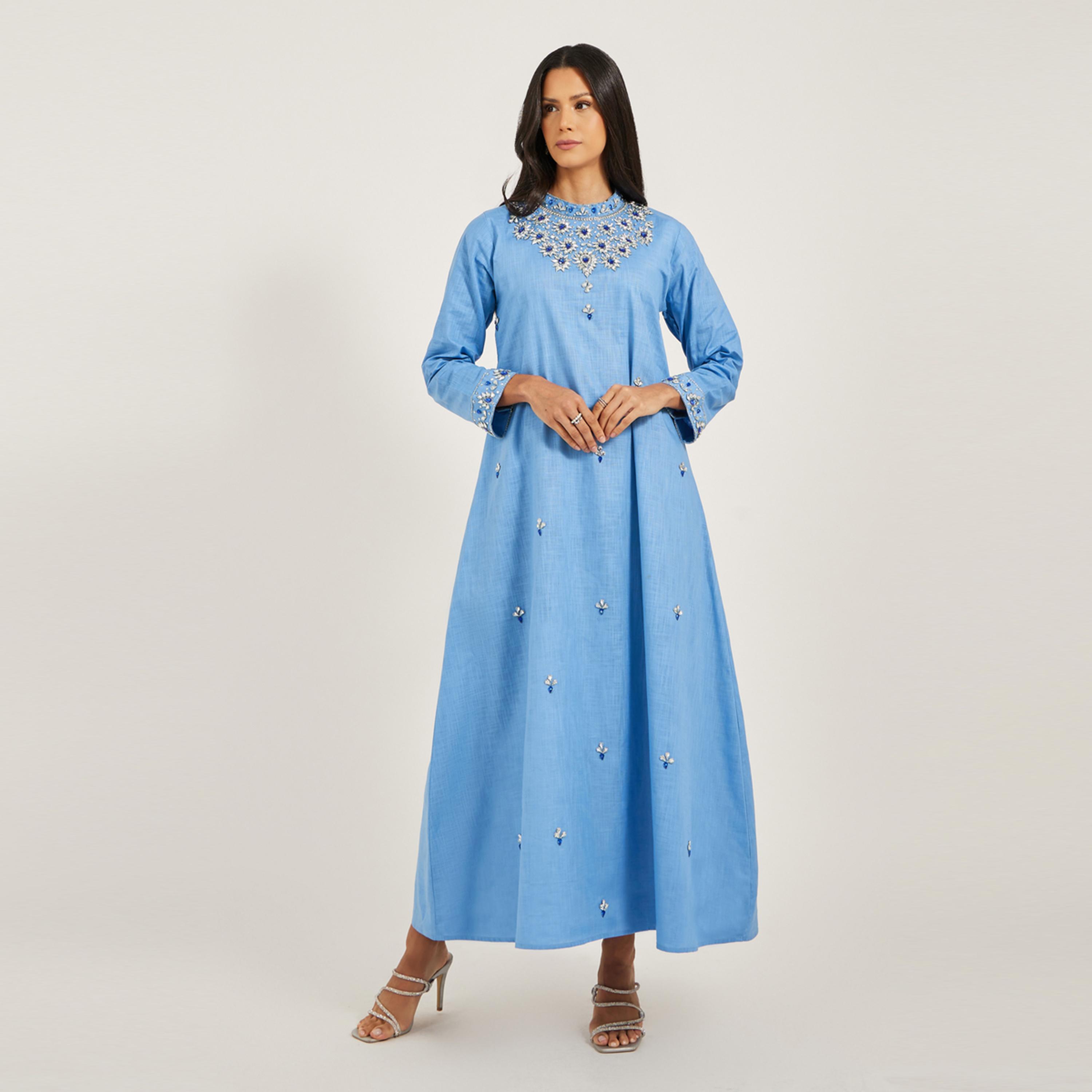 Maxim Creation X Styli Pure Linen Jalabiya With Silver Hand Embroidery-women-arabicclothing-jalabiyas-image-2