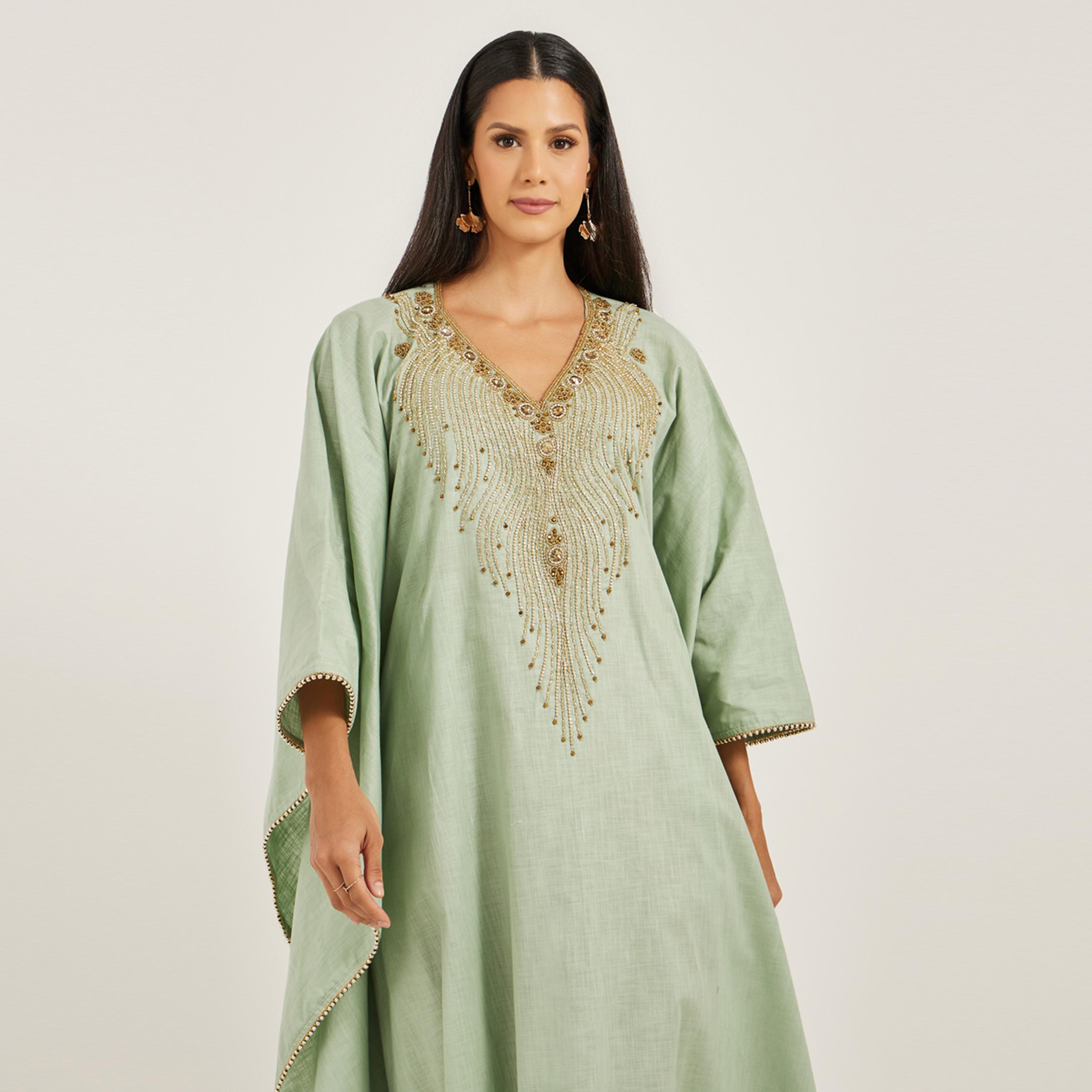 ماكسيم كرييشن × ستايلي - جلابية من الكتان الخالص مع تطريز يدوي باللون الفضي-women-arabicclothing-jalabiyas-image-3