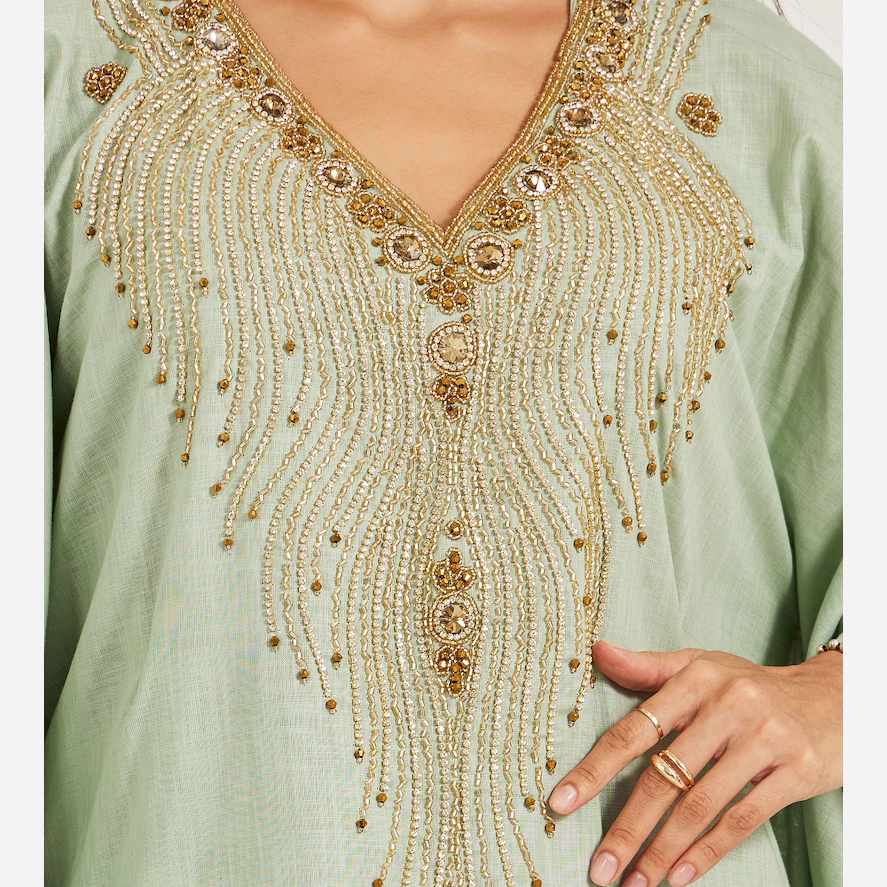 ماكسيم كرييشن × ستايلي - جلابية من الكتان الخالص مع تطريز يدوي باللون الفضي-women-arabicclothing-jalabiyas-image-4