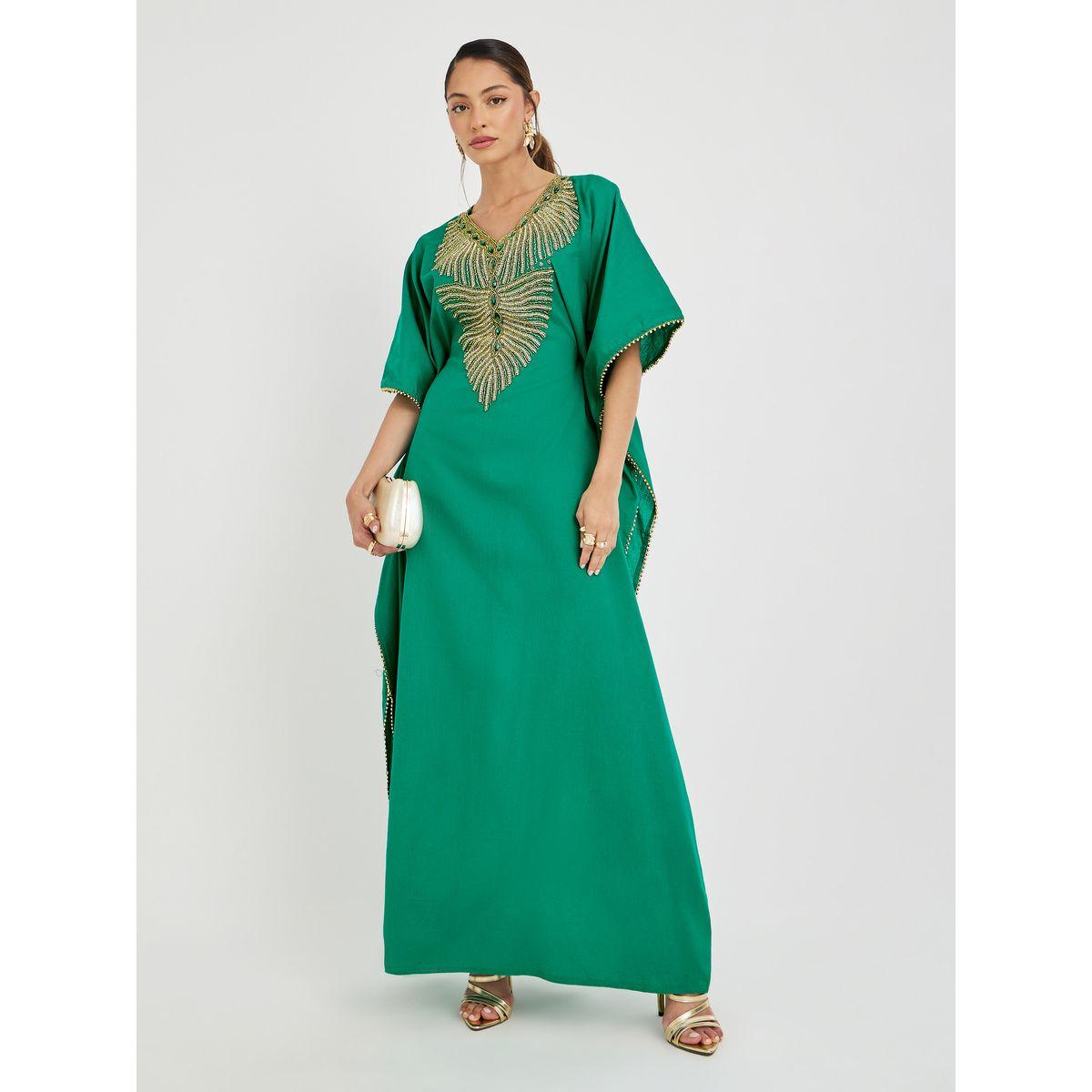 Maxim Creation Embroidered Short Sleeve V Neck Jalabiya-women-arabicclothing-jalabiyas-image-1