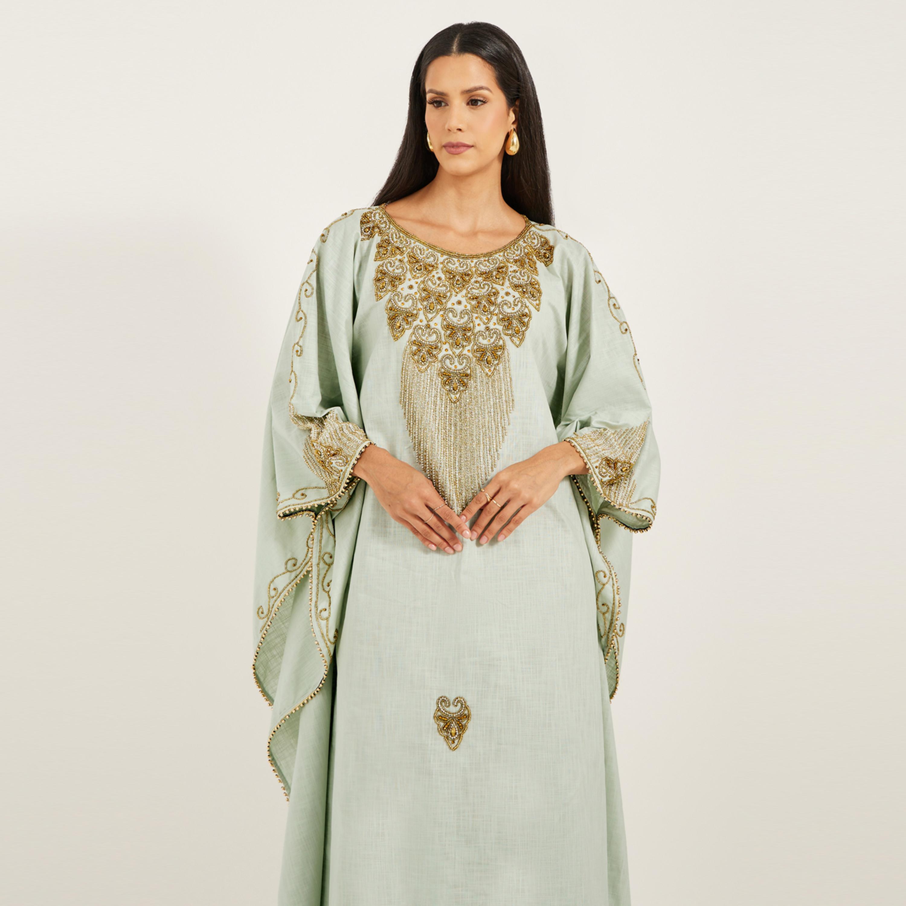Maxim Creation X Styli Gold Hand Embroidery Jalabiya In Pure Linen Fabric-women-arabicclothing-jalabiyas-image-3