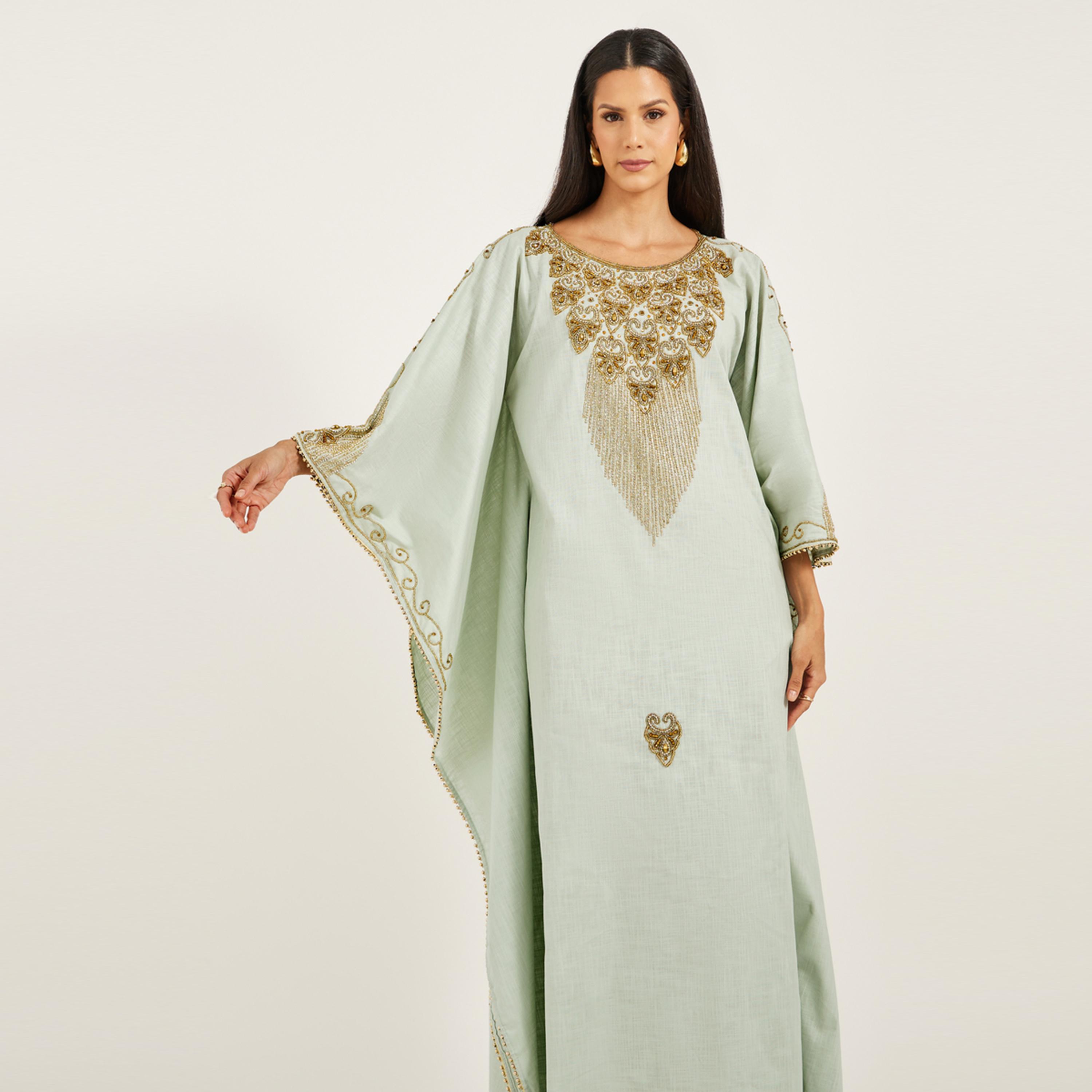 Maxim Creation X Styli Gold Hand Embroidery Jalabiya In Pure Linen Fabric-women-arabicclothing-jalabiyas-image-4