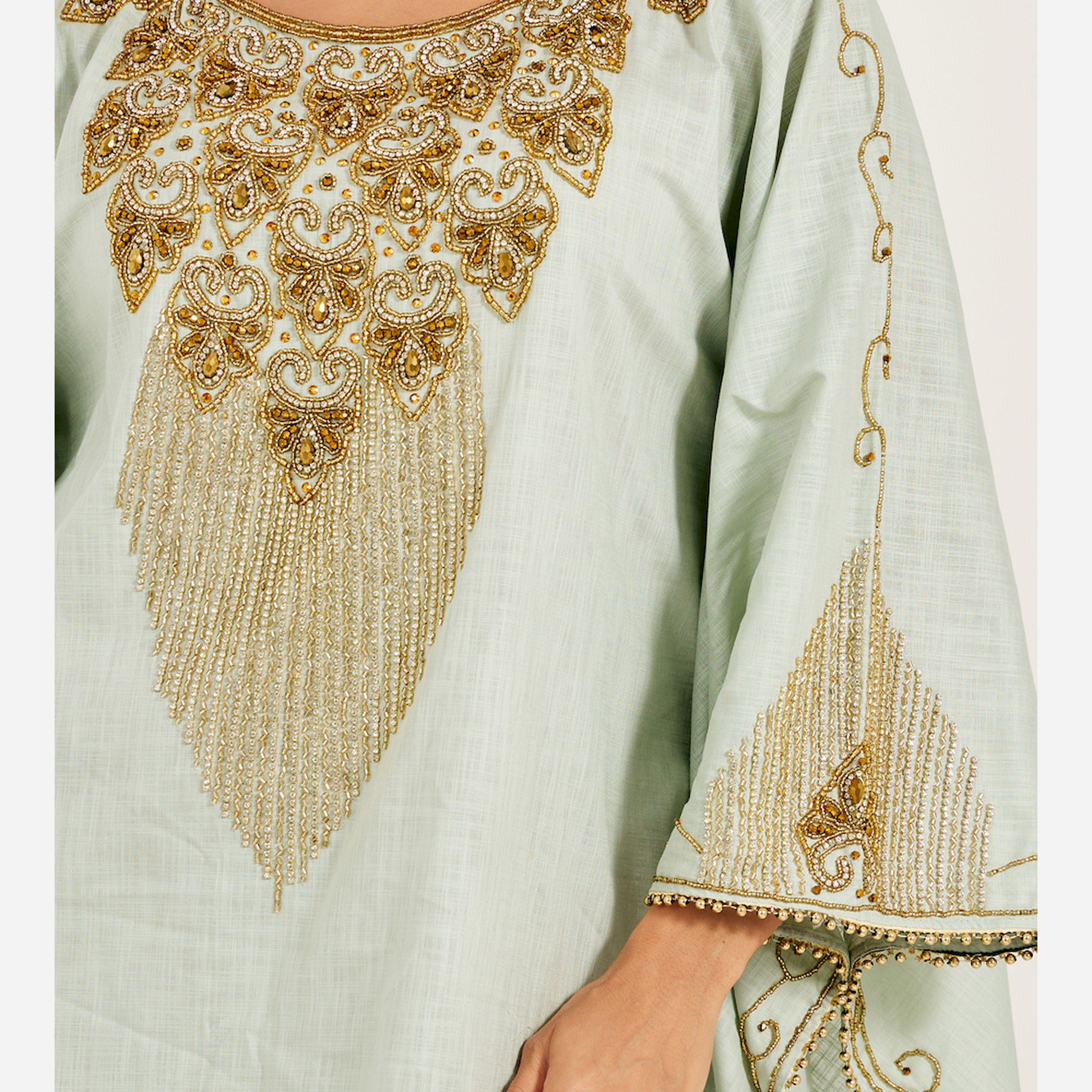 Maxim Creation X Styli Gold Hand Embroidery Jalabiya In Pure Linen Fabric-women-arabicclothing-jalabiyas-image-5