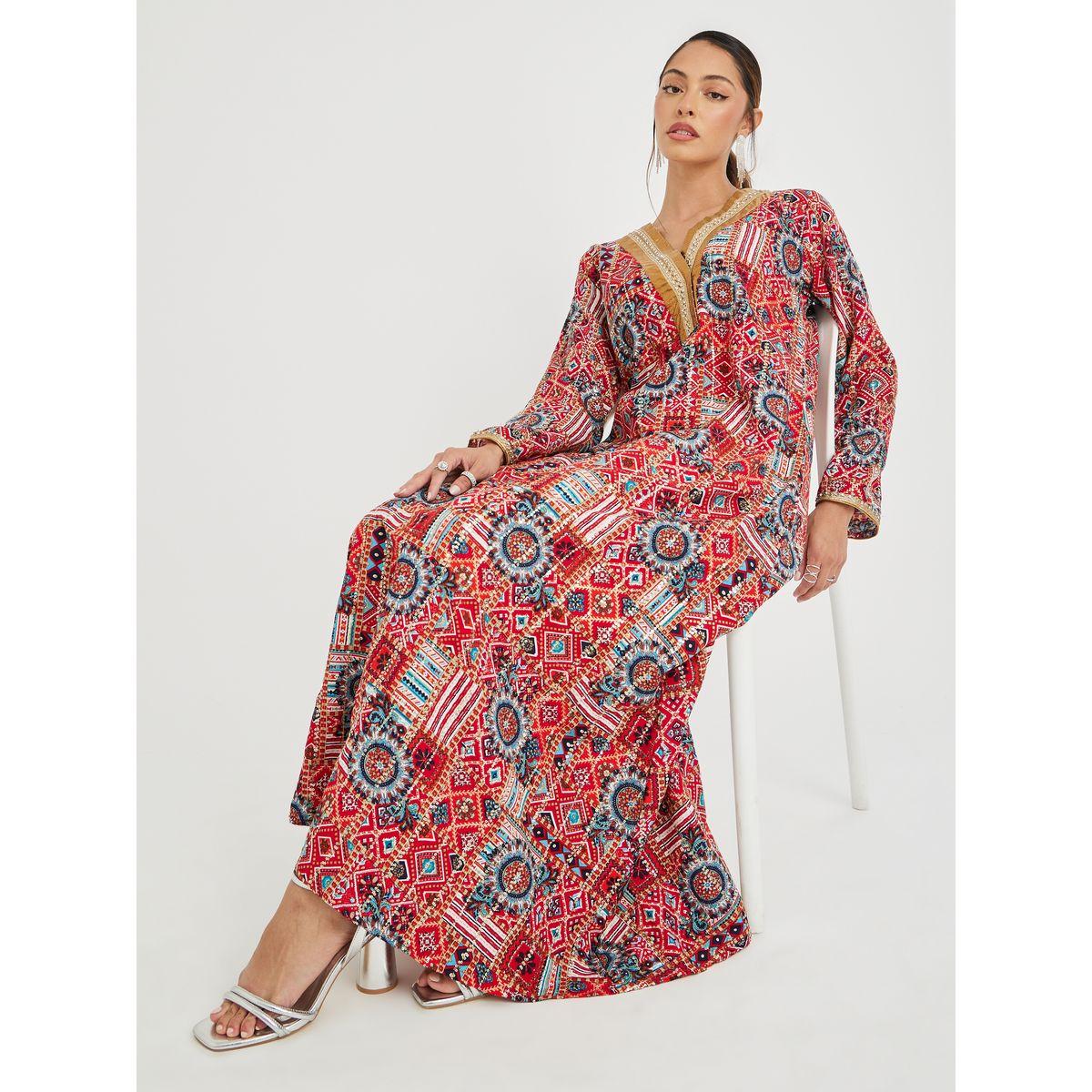 جلابية بطبعة مُجردة وتفاصيل دانتيل-women-arabicclothing-jalabiyas-image-1