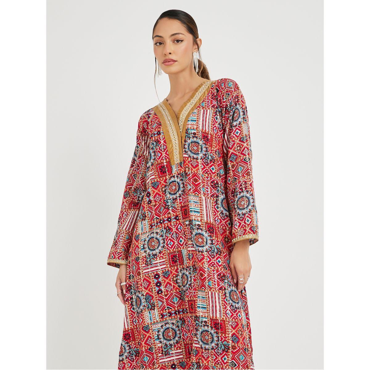 جلابية بطبعة مُجردة وتفاصيل دانتيل-women-arabicclothing-jalabiyas-image-3