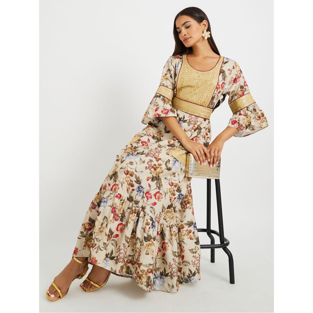 Maxim Creation Floral Print 3/4 Sleeves Jalabiya with Embroidered Detail-women-arabicclothing-jalabiyas-image-1