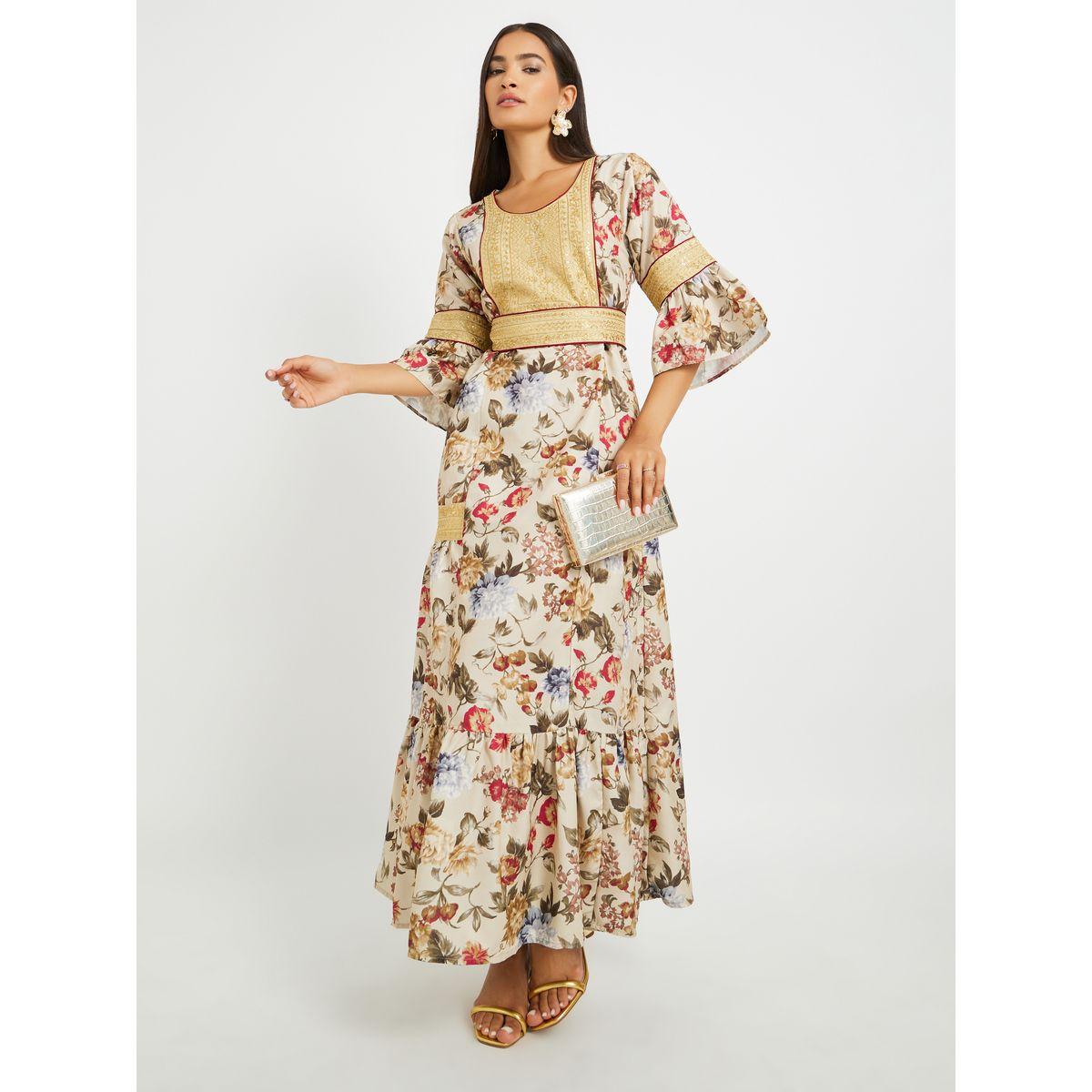 Maxim Creation Floral Print 3/4 Sleeves Jalabiya with Embroidered Detail-women-arabicclothing-jalabiyas-image-2