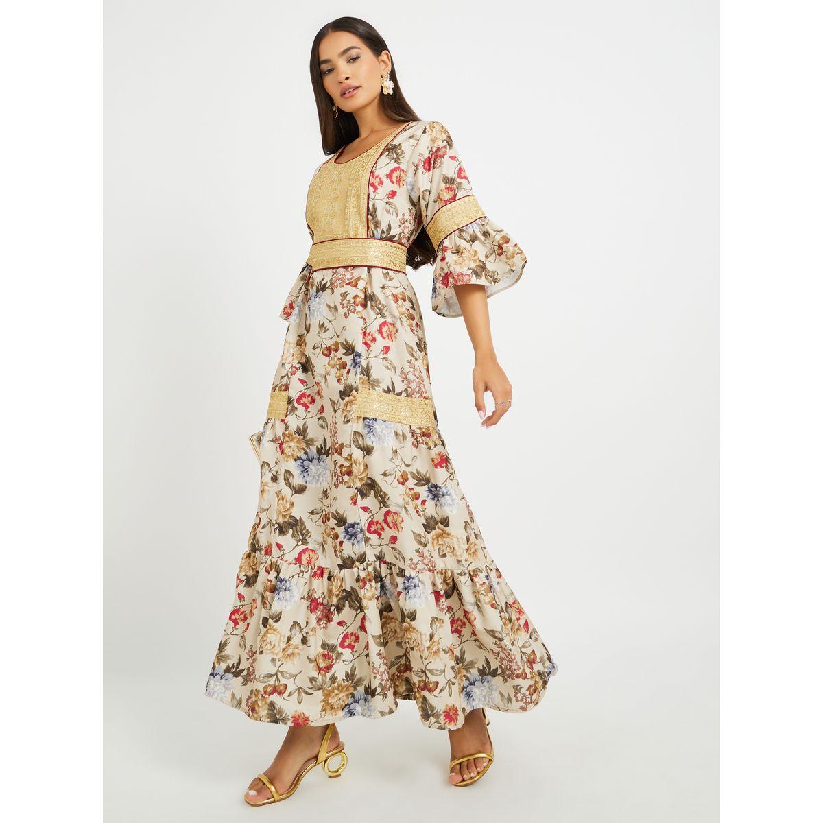 Maxim Creation Floral Print 3/4 Sleeves Jalabiya with Embroidered Detail-women-arabicclothing-jalabiyas-image-3