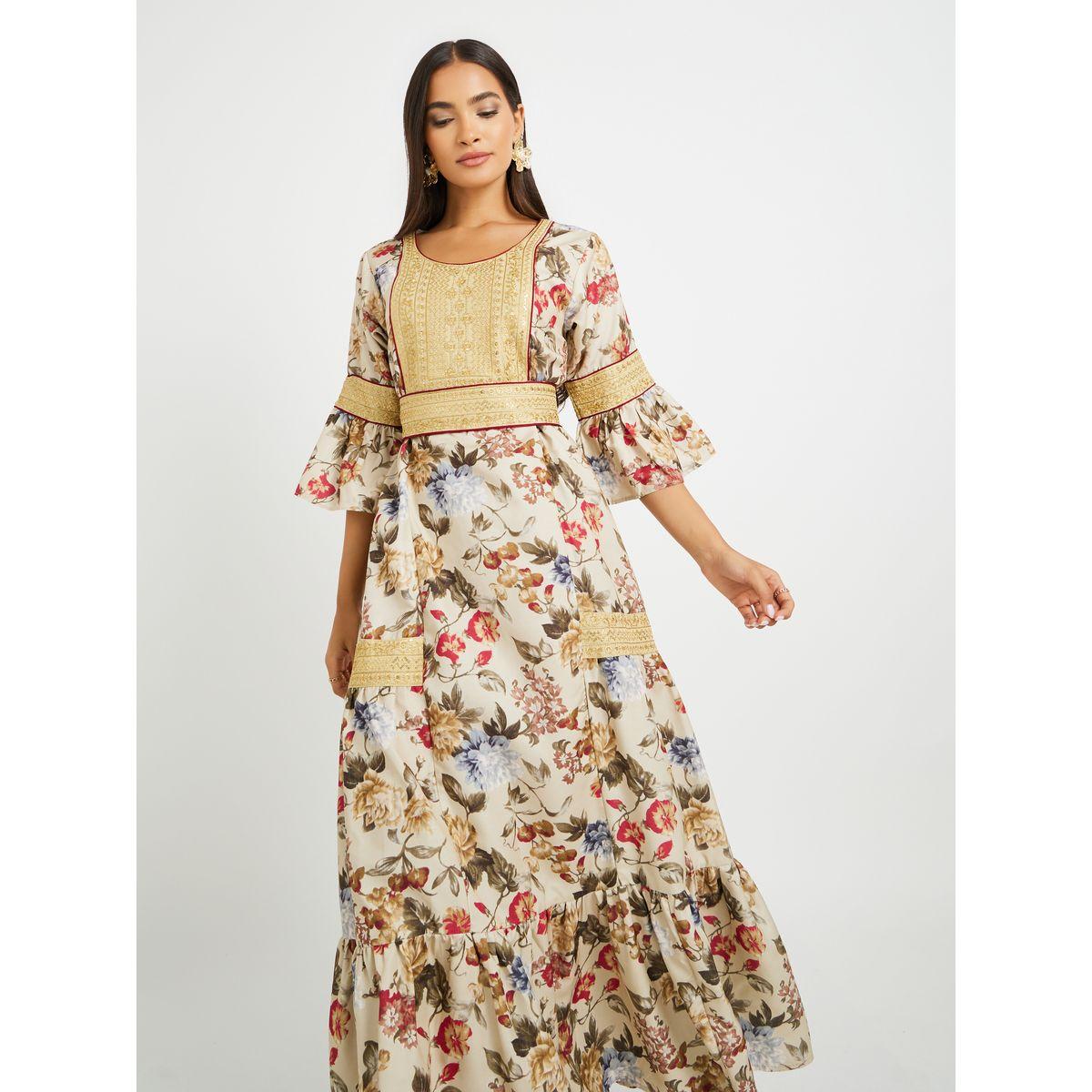 Maxim Creation Floral Print 3/4 Sleeves Jalabiya with Embroidered Detail-women-arabicclothing-jalabiyas-image-4
