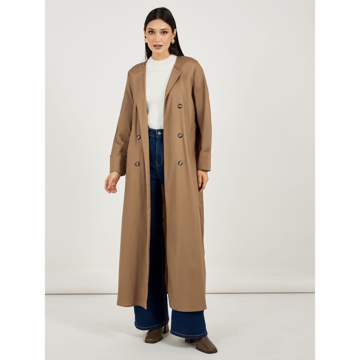 Styli Coat Style Textured Abaya with Contrast Buttons-women-arabicclothing-abayas-image-1