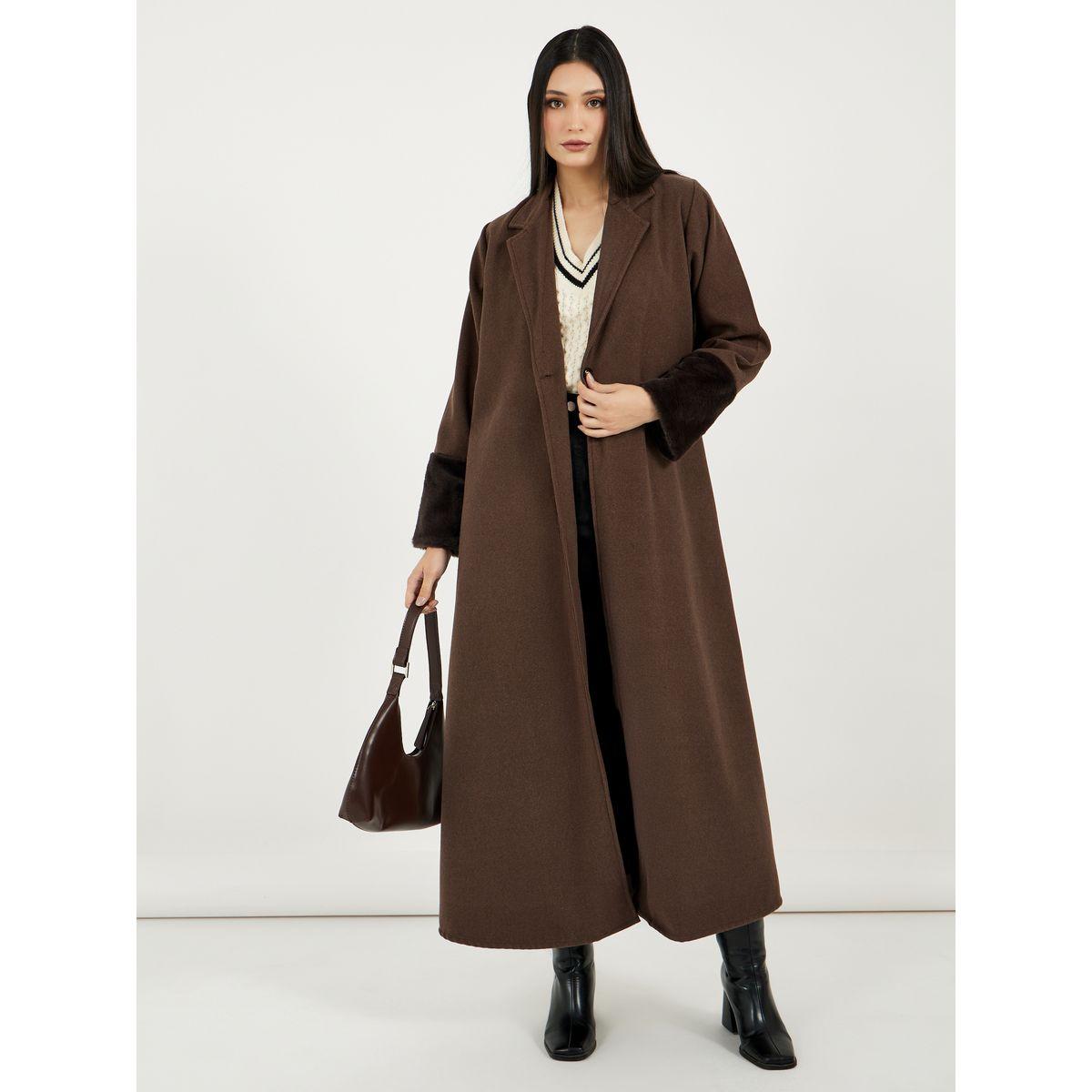 Styli Brushed Winter Abaya with Faux Fur Trim Sleeve-women-arabicclothing-abayas-image-1