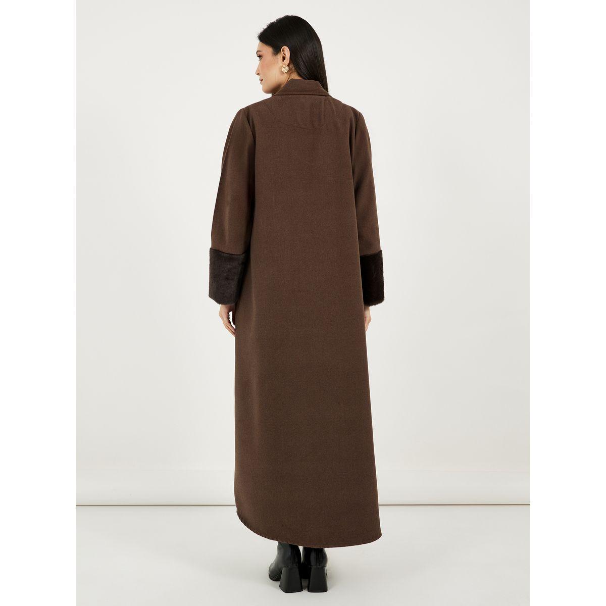 Styli Brushed Winter Abaya with Faux Fur Trim Sleeve-women-arabicclothing-abayas-image-4