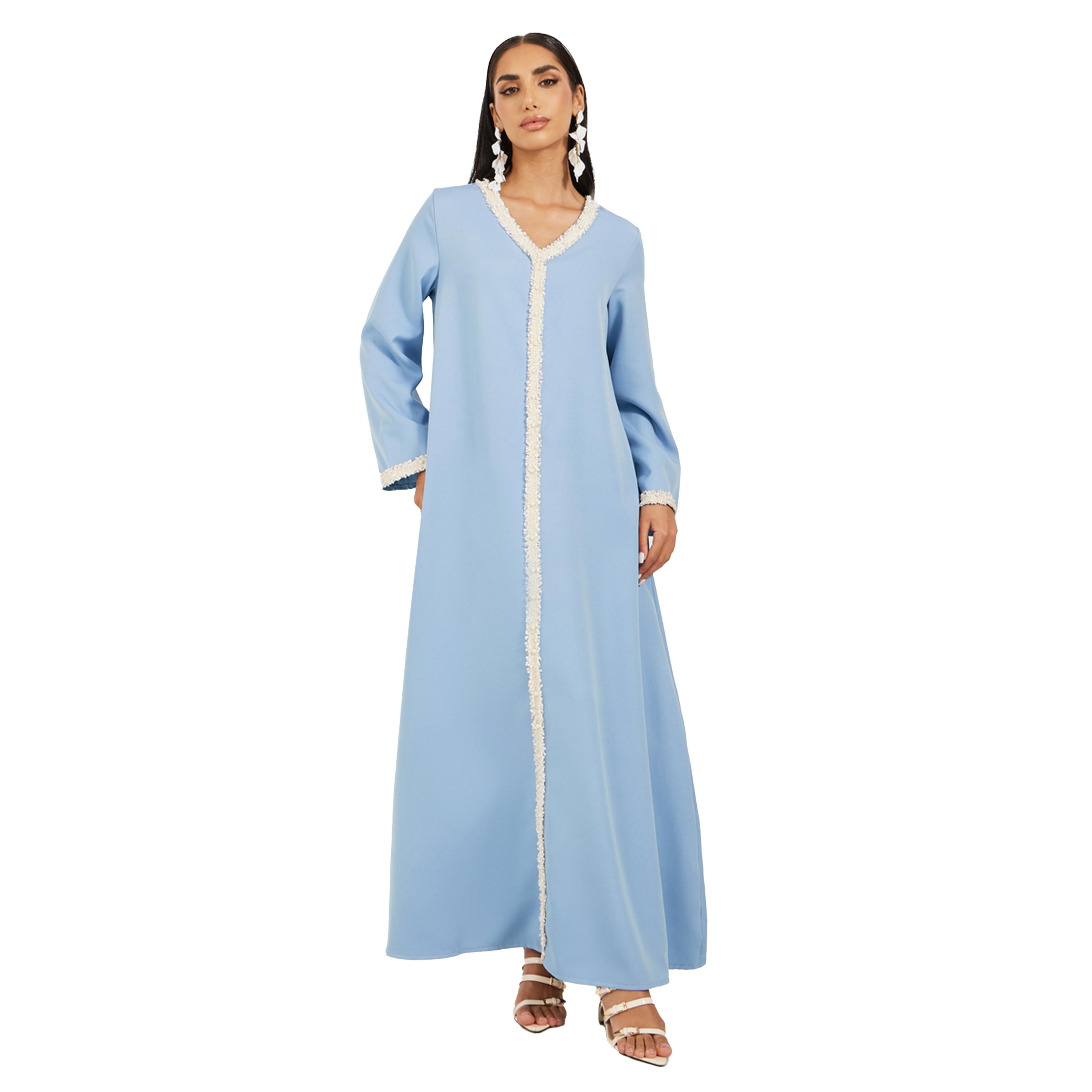 ستايلي -  جلابية على شكل حرف A من قماش التويد السادة مع تفاصيل دانتيل-women-arabicclothing-jalabiyas-image-1