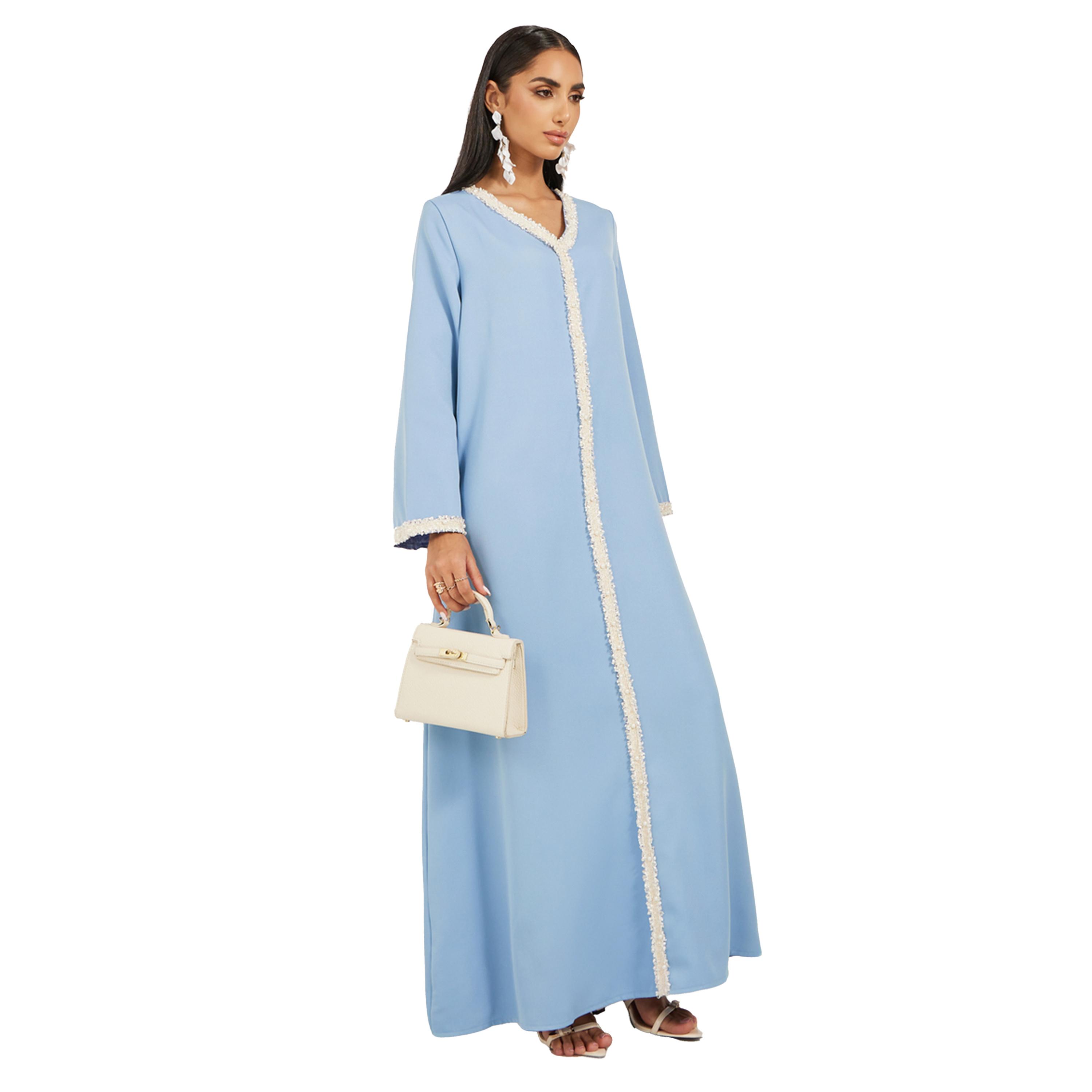 ستايلي -  جلابية على شكل حرف A من قماش التويد السادة مع تفاصيل دانتيل-women-arabicclothing-jalabiyas-image-2