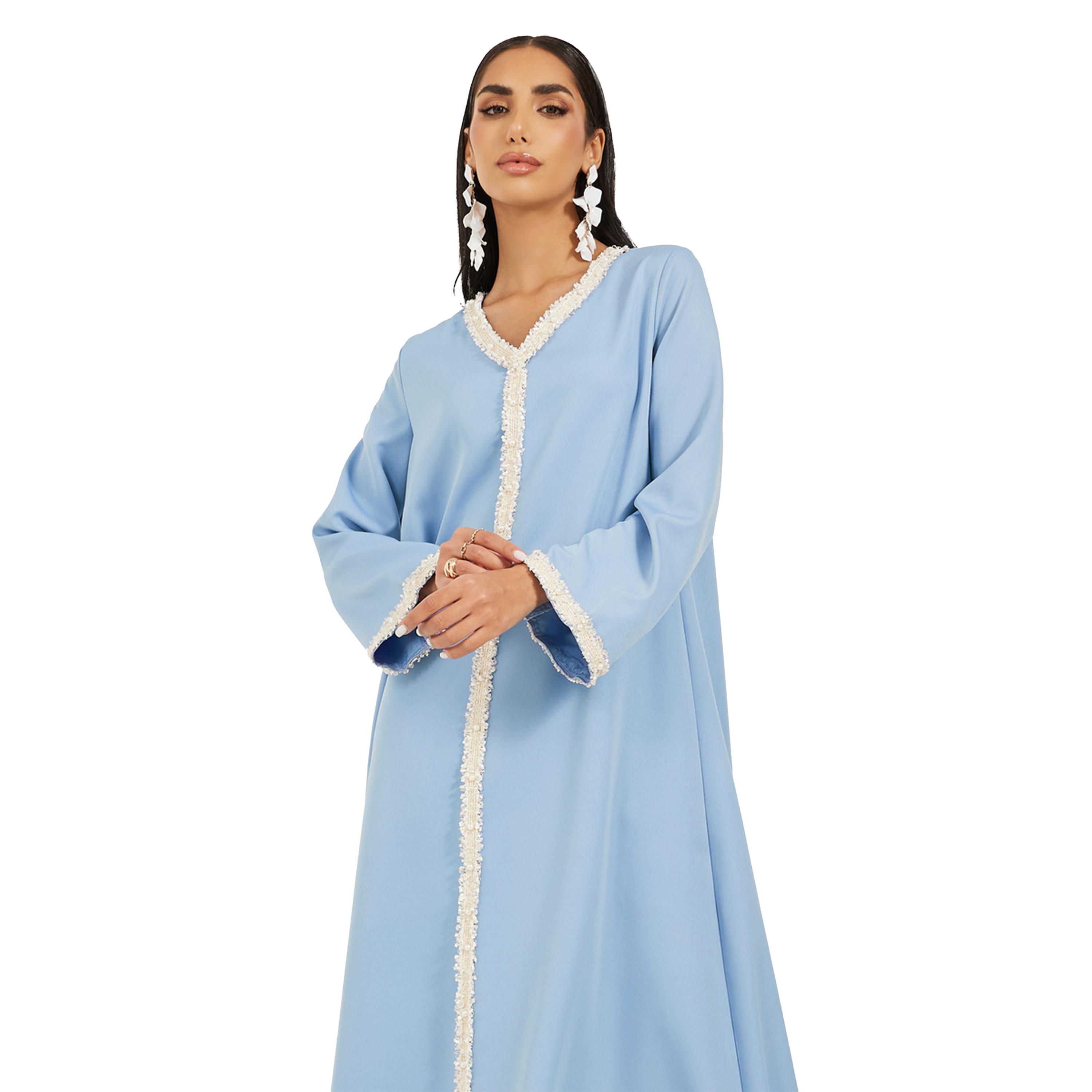 ستايلي -  جلابية على شكل حرف A من قماش التويد السادة مع تفاصيل دانتيل-women-arabicclothing-jalabiyas-image-3